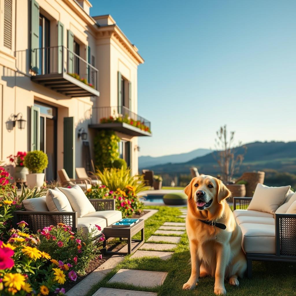 A luxurious pet-friendly accommodation in France, showcasing an elegant exterior with a lush garden dotted with vibrant flowers. In the foreground, a well-groomed golden retriever sits happily next to a stylish outdoor seating area with plush cushions. The middle ground features a modern, upscale building with large windows and balconies adorned with pet-friendly amenities like a small dog bed and bowls. In the background, gentle hills and a clear blue sky complete the idyllic scene. Soft, warm lighting bathes the setting in a welcoming glow, creating an inviting and serene atmosphere. The angle is slightly elevated, capturing both the exquisite architecture and the harmonious integration of pets in this opulent environment.