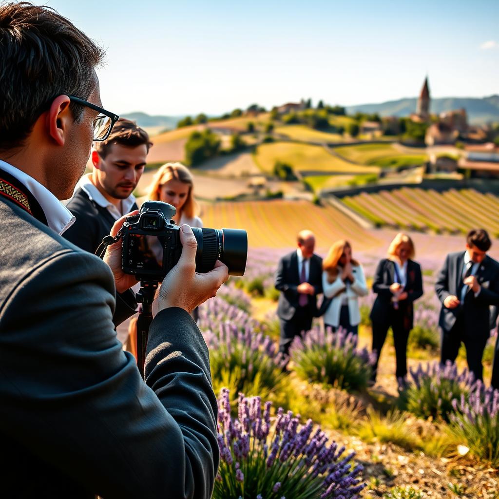 A luxurious photography tour scene set in the picturesque countryside of France, featuring a diverse group of aspiring photographers, dressed in professional business attire, engrossed in a photography lesson. In the foreground, a skilled instructor demonstrates techniques with a high-end camera, as students attentively observe, capturing the essence of the moment. The middle layer reveals rolling hills adorned with blooming lavender fields and rustic vineyards, bathed in the warm, golden glow of late afternoon sunlight. The background showcases a charming village with historic stone buildings, enhancing the serene atmosphere. The image is shot with a wide-angle lens to capture the expansive beauty of the landscape, creating an inviting and inspiring mood that encourages creativity and exploration.