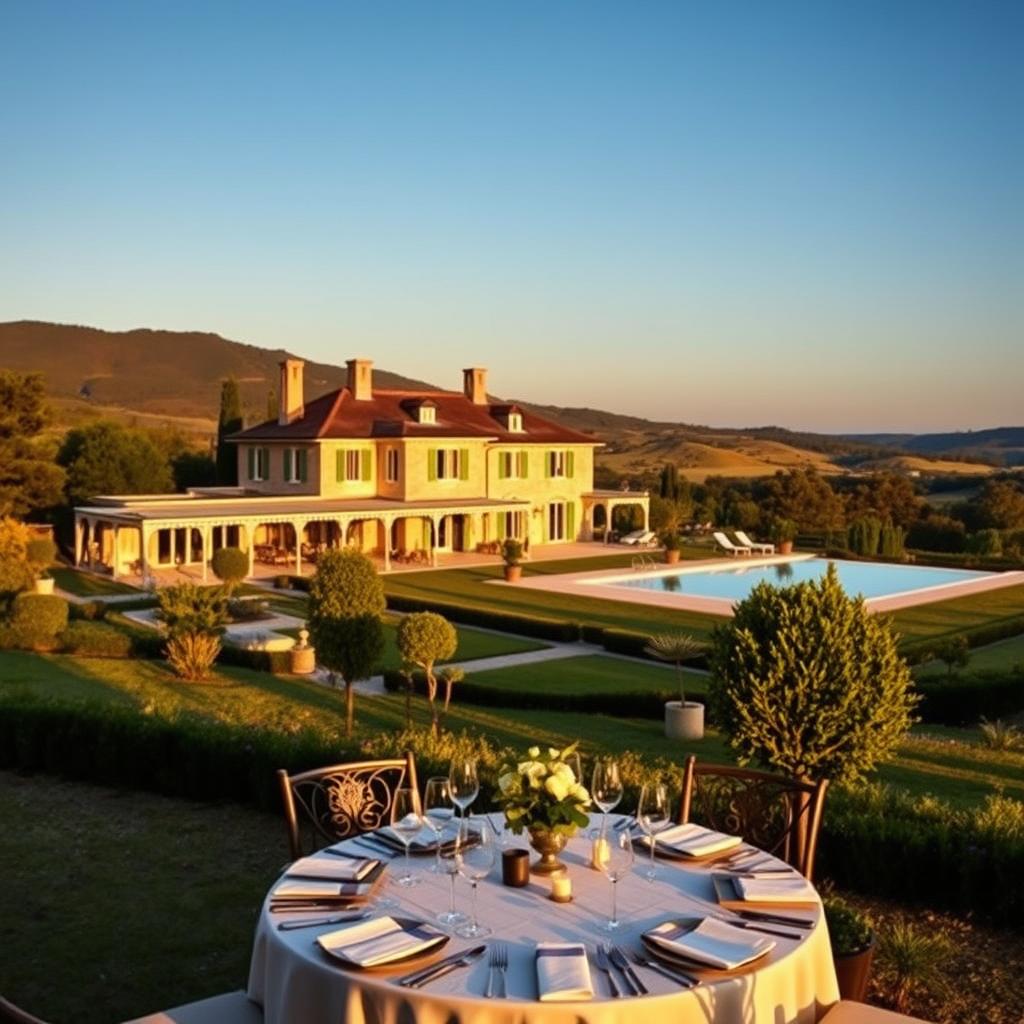 A luxurious private villa in France, set against a backdrop of rolling hills and lush greenery. In the foreground, an elegantly arranged outdoor dining area with fine tableware and soft candlelight, suggesting a special event. The villa itself, characterized by grand architecture, large windows, and tasteful landscaping, occupies the middle ground, bathed in golden hour sunlight. In the background, a serene infinity pool reflects the clear blue sky, enhancing the tranquil atmosphere. Include soft, warm lighting that creates an inviting and intimate feel. The overall mood should convey exclusivity and sophistication, perfect for a special occasion. Photographed from a slightly elevated angle to capture the expanse of the property, accentuating the elegance of the setting without any text or overlays.
