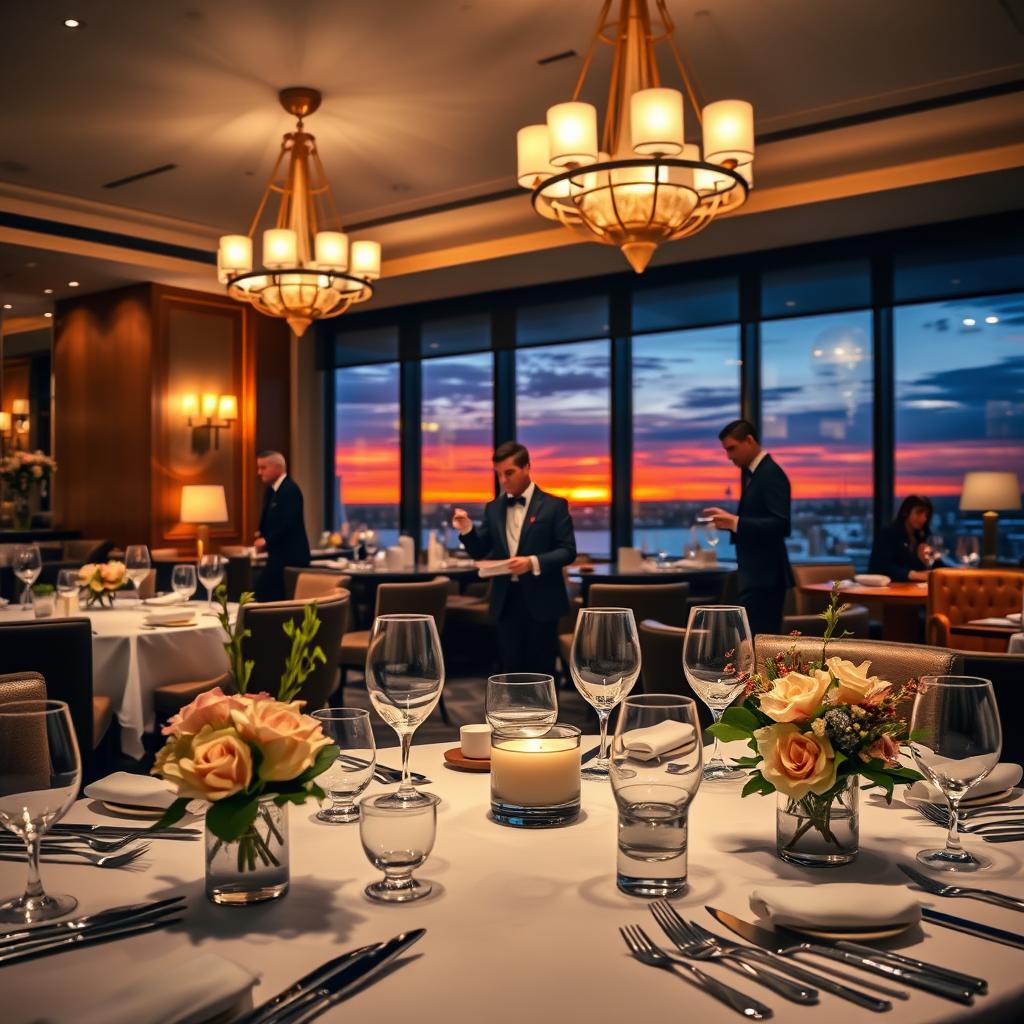 A luxurious restaurant interior showcasing premium amenities. In the foreground, an elegantly set dining table with fine china, crystal wine glasses, and artfully arranged floral centerpieces. In the middle ground, well-dressed waitstaff in professional attire, attentively serving gourmet dishes and fine wines to guests. The background features soft, ambient lighting from stylish chandeliers, with plush seating and rich, warm colors that create an inviting atmosphere. A large window reveals a glimpse of a vibrant cityscape at sunset, adding to the upscale feel. Capture the essence of sophistication and exclusivity with a warm and welcoming mood, using a wide-angle lens to include the entire setting in a polished and refined manner.