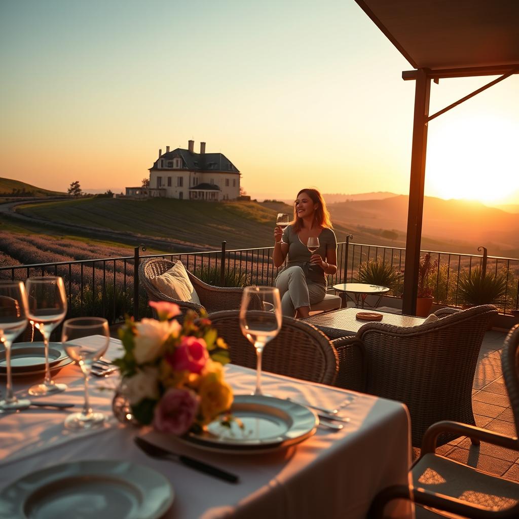A luxurious romantic getaway in a picturesque French countryside. In the foreground, a beautifully set outdoor dining table adorned with fine china, crystal glasses, and a bouquet of fresh flowers, casting soft shadows in the golden light of sunset. In the middle, a cozy terrace with elegant wicker furniture, where a couple dressed in modest casual attire enjoy a glass of wine, their expressions filled with joy and connection. The background features rolling hills adorned with lavender fields and a rustic chateau, bathed in warm hues of orange and pink from the setting sun. The atmosphere is serene and intimate, with soft, dreamy lighting that captures the essence of romance. Shot from a low angle to emphasize the grandeur of the scenery while keeping the couple cherishing a moment together.