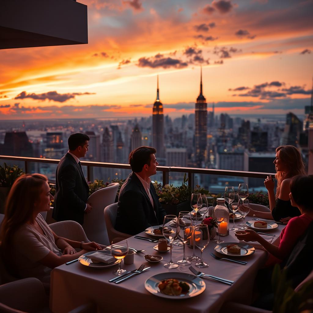A luxurious rooftop terrace in New York City, showcasing a stunning skyline view at sunset, with warm golden light illuminating the scene. In the foreground, an elegantly set table with fine dining arrangements, featuring gourmet dishes and crystal wine glasses. Sophisticated couples dressed in stylish business attire engage in conversation, exuding an atmosphere of elegance and exclusivity. The middle ground reveals iconic skyscrapers, including the Empire State Building, beautifully lit as night falls. The background displays a vibrant sky transitioning from orange to deep blue, with a few scattered clouds. Soft-focus gives a dreamy quality, enhancing the mood of upscale escapism. Hints of green plants and modern decor add a touch of sophistication, creating an inviting and luxurious ambiance.