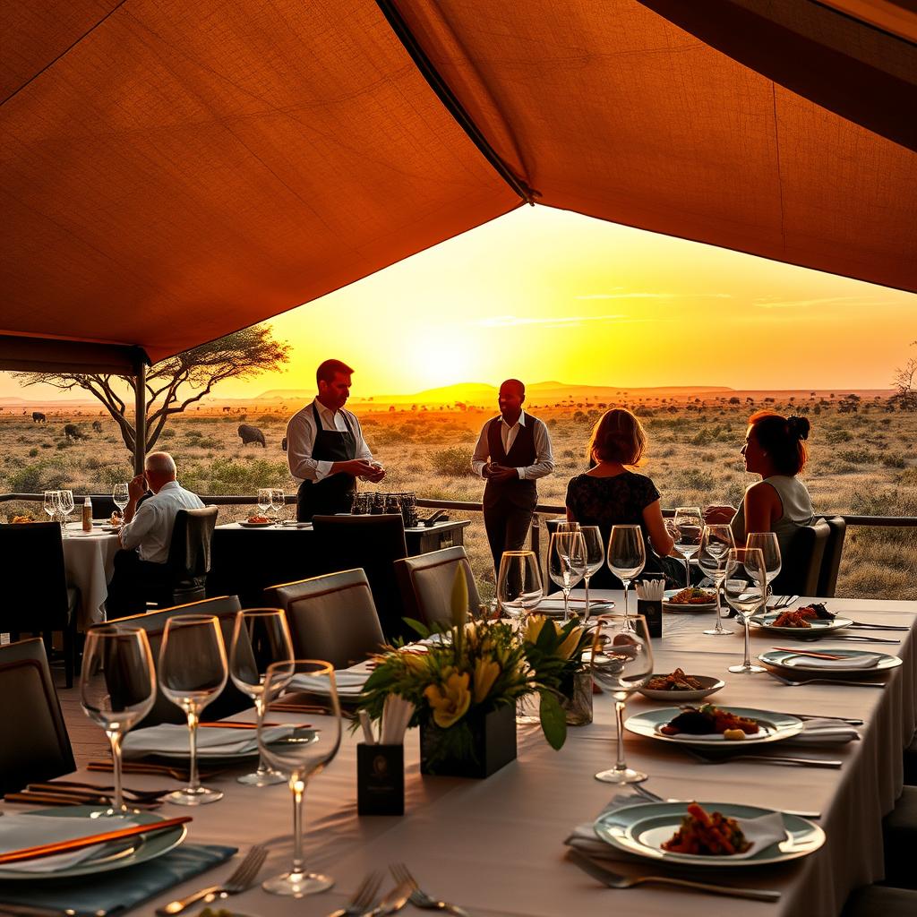 A luxurious safari setup in the foreground features a beautifully arranged dining table under a large canvas tent, complete with elegant cutlery, fine wine glasses, and gourmet dishes artistically displayed. In the middle ground, an attentive chef in professional attire prepares exotic meals with fresh ingredients, while guests in stylish, modest clothing engage in lively conversation, enjoying the exclusive dining experience. The background showcases a stunning, golden sunset over the African savannah, with silhouettes of acacia trees and distant wildlife, evoking a serene yet adventurous atmosphere. The scene is illuminated by warm, soft lighting reminiscent of twilight, captured from a low angle to emphasize the dining setup against the breathtaking landscape. Overall, the image radiates luxury and the essence of an exclusive gastronomic experience in a safari setting.