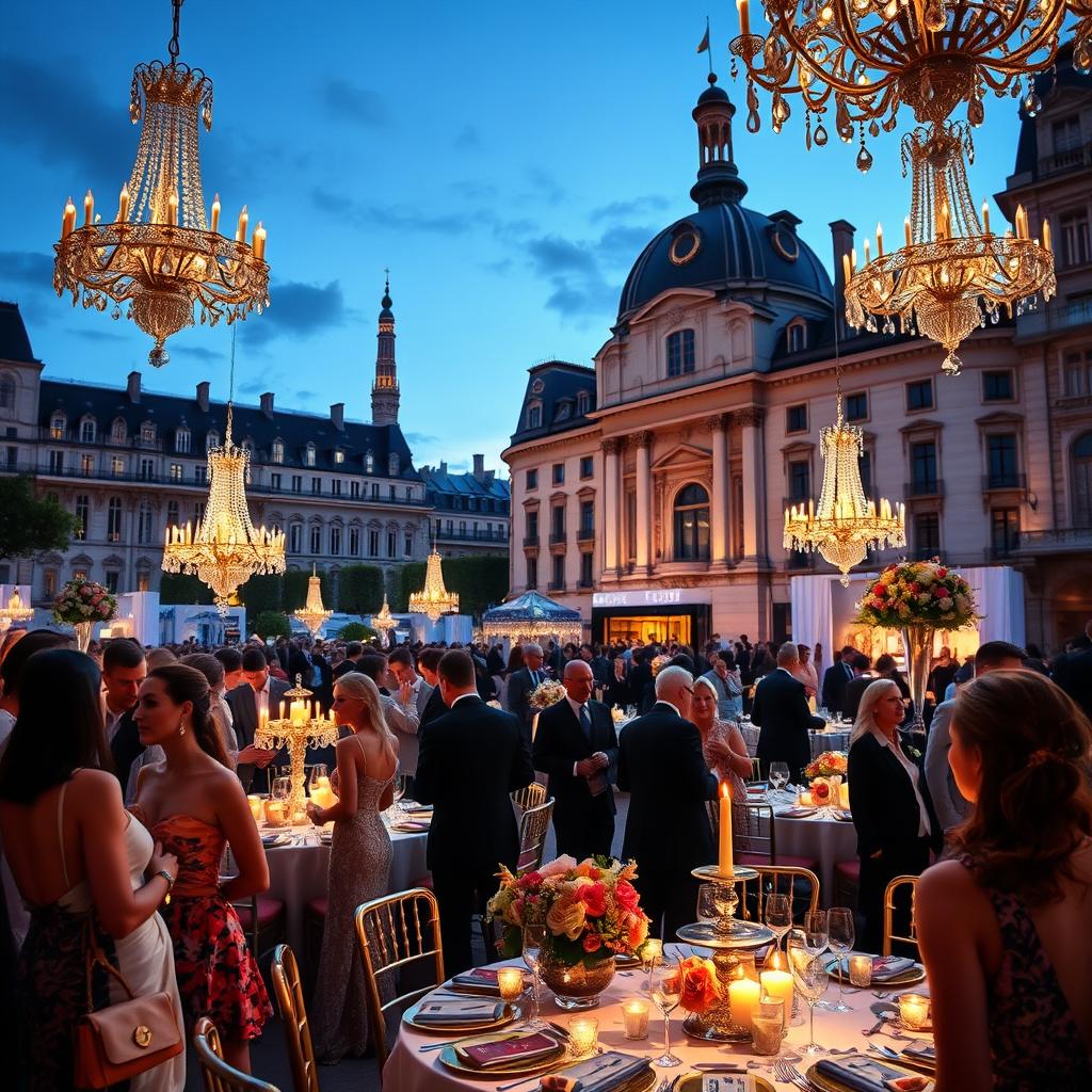 A luxurious scene depicting prestigious cultural events in France. In the foreground, a group of elegantly dressed attendees engages in animated conversation, showcasing a mix of high fashion and refined accessories. The middle ground features an opulent gala setting with elaborate decorations, including crystal chandeliers casting a warm, inviting light. Tables are adorned with fine china and exquisite floral arrangements. In the background, majestic French architecture, like the Palais Garnier, towers under a twilight sky. Soft, ambient lighting creates a romantic mood, highlighting the essence of luxury. The image is captured from a slightly elevated angle, offering a comprehensive view of the vibrant cultural celebration.
