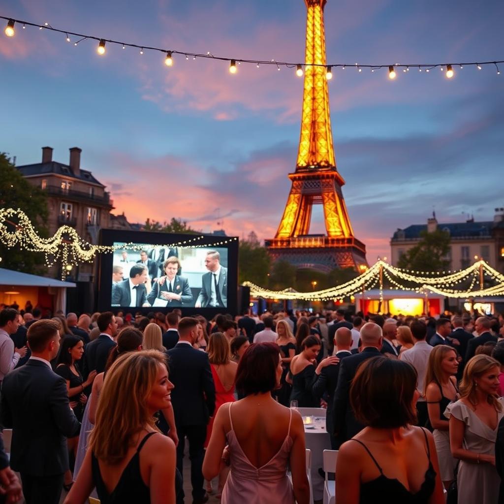 A luxurious scene from the Paris Film Festival, showcasing a vibrant, glamorous atmosphere. In the foreground, elegantly dressed film industry professionals engage in lively conversation, wearing stylish evening attire. The middle ground features a stunning outdoor cinema setup with a large screen displaying classic film scenes, surrounded by twinkling fairy lights and plush seating. In the background, iconic Parisian architecture, like the Eiffel Tower, adds to the grandeur, bathed in soft, warm sunset lighting. Use a wide-angle lens to capture both the intimacy of the festival-goers and the expansive urban setting. The overall mood is celebratory and sophisticated, emphasizing the art and culture at the heart of the capital.