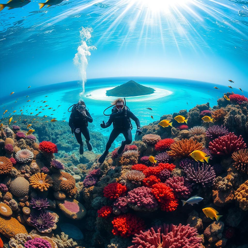 A luxurious scuba diving experience set in a vibrant coral reef teeming with colorful marine life. In the foreground, a pair of divers in sleek, modern diving suits gracefully explore underwater, surrounded by schools of bright fish and stunning corals. In the middle, rays of sunlight filter through the crystal-clear water, illuminating the ocean floor and enhancing the vivid colors of the scene. In the background, a picturesque tropical island can be seen, framed by azure waters and a clear blue sky. The overall atmosphere is serene and inviting, showcasing the beauty of luxury diving adventures. The image captures the allure of an unforgettable underwater journey, evoking a sense of wonder and exploration, with soft, radiant lighting emphasizing the underwater tranquility.
