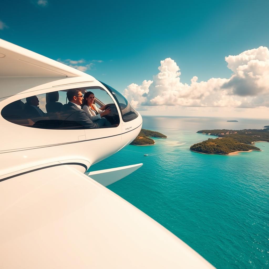 A luxurious seaplane gracefully gliding over crystal-clear turquoise waters, with a stunning view of the French coastline in the background. In the foreground, a sleek, modern seaplane with sunlit reflections dancing on its polished surfaces. Inside the plane, a professional couple dressed in stylish business attire enjoy the scenic flight, sharing a moment of laughter. Soft, natural sunlight spills through large windows, creating a warm ambiance. The middle ground features lush green islands dotted with private villas, while the horizon showcases a vibrant blue sky with fluffy white clouds. The mood is serene and exclusive, emphasizing the elegance and allure of a unique seaplane experience.