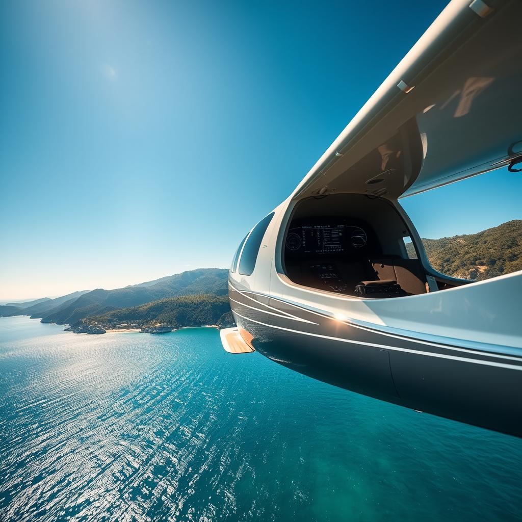 A luxurious seaplane in mid-flight, showcasing its sleek design and polished exterior under a clear blue sky. In the foreground, attention to detail on the airplane's cockpit, emphasizing advanced navigation technology and safety features. The middle ground reveals beautiful coastal scenery of France, with sparkling turquoise waters and lush green hills in the distance, adding to the sense of exclusivity and adventure. Soft, warm lighting casts gentle reflections on the water surface, enhancing the tranquil atmosphere. The image captures a feeling of high-class travel and safety, with no people depicted, ensuring it remains focused on the aircraft and majestic scenery. A panoramic view shot from a slight low angle accentuates the impressive altitude and elegance of the seaplane against the stunning landscape.