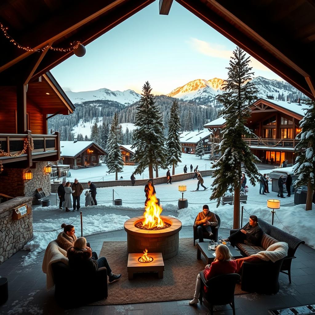 A luxurious ski resort in the French Alps during the golden hour, showcasing a breathtaking view of snow-capped mountains. In the foreground, a cozy chalet made of warm wood and stone, adorned with twinkling fairy lights and a roaring outdoor fire pit. In the middle ground, guests in elegant winter attire, enjoying gourmet hot chocolate on a beautifully arranged patio with plush blankets and stylish furniture. The background reveals towering pine trees blanketed in snow, with ski slopes and skiers gracefully carving their way down the mountains. The scene is illuminated by soft, warm lighting, creating a welcoming and exclusive atmosphere that evokes relaxation and luxury amidst nature’s beauty.