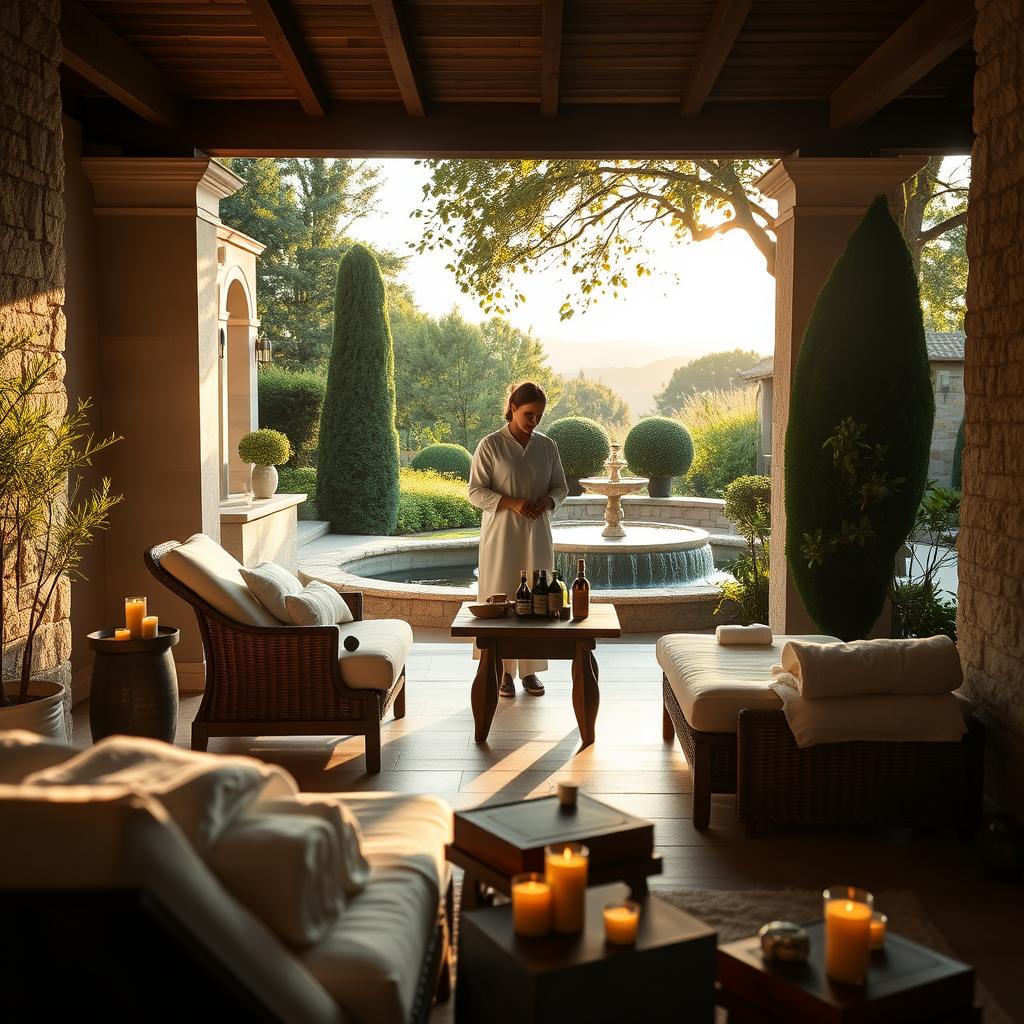 A luxurious spa retreat scene in the heart of the French countryside. In the foreground, a beautifully arranged treatment area with plush recliners, fluffy white towels, and aromatic candles flickering softly. In the middle, an experienced therapist in a crisp white uniform prepares natural oils on a rustic wooden table. The background features lush greenery, elegant stone architecture, and a serene, tranquil water feature gently flowing. Soft, warm sunlight filters through trees, creating dappled light patterns on the ground. The atmosphere is calm and inviting, evoking a sense of peaceful escape and indulgence. The scene captures the essence of a high-end wellness experience, focusing on relaxation and rejuvenation.