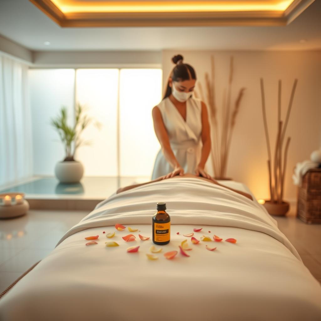 A luxurious spa scene set in a serene environment, featuring a tranquil treatment room with soft, ambient lighting. In the foreground, a beautifully arranged massage table draped in crisp white linens, adorned with delicate petals and soothing essential oils. In the middle ground, a professional therapist, dressed in elegant white attire, is gently massaging a client’s shoulders, showcasing a sense of relaxation and bliss. The background reveals soft bamboo decor and a tranquil water feature, enhancing the calming atmosphere. The image is captured in warm golden hour lighting, using a wide-angle lens to emphasize the spaciousness. The overall mood is one of serenity, indulgence, and luxury, perfect for highlighting signature wellness treatments in an upscale spa setting in France.