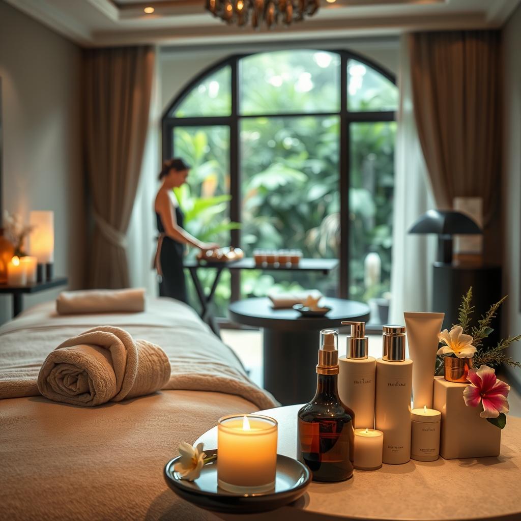 A luxurious spa setting showcasing personalized services. In the foreground, a serene massage room featuring a comfortable treatment table adorned with soft, plush towels and aromatic candles. A skilled therapist in professional attire prepares essential oils on a nearby table. In the middle ground, a selection of elegant treatment products in beautifully designed containers, with fresh flowers enhancing the soothing ambiance. The background features a tranquil window overlooking a lush garden, allowing natural light to filter in softly, illuminating the space. The atmosphere is calm and inviting, radiating a sense of opulence and relaxation. Use warm, gentle lighting with a soft focus lens to emphasize the soothing environment and create a sense of indulgence.