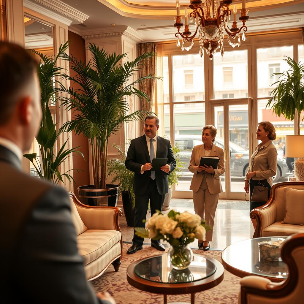 A luxurious travel concierge service scene set in a chic, upscale hotel lobby. In the foreground, a well-dressed concierge, wearing a tailored suit, attentively engages with an elegant, middle-aged couple, who are dressed in sophisticated outfits, discussing personalized travel arrangements. The middle ground features exquisite decor, with lush plants and ornate furniture, creating an atmosphere of exclusivity. In the background, large windows overlook a beautiful Parisian street, bathed in warm golden light, enhancing the ambiance of luxury and comfort. The mood is inviting and refined, evoking the essence of personalized luxury travel services in France. The image is captured with a soft focus and a shallow depth of field, drawing the viewer's eye to the concierge and the couple.