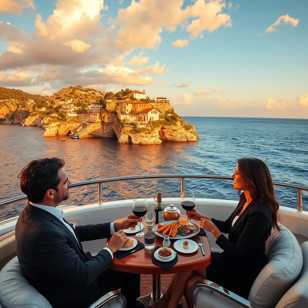 A luxurious travel experience, featuring an elegant couple in professional attire, sharing joyful moments on a private yacht cruising through the serene waters of the French Riviera. In the foreground, the couple enjoys a gourmet meal, surrounded by fine dining setups. The middle ground showcases the stunning coastline of France, with sun-kissed cliffs and charming seaside villas basking in the warm sunlight. The background is adorned with a clear blue sky, dotted with soft white clouds, emphasizing a tranquil atmosphere. The scene is illuminated by a golden sunset, creating a romantic and intimate ambiance. The entire composition captures the essence of personalized luxury travel, highlighting unique experiences and the beauty of the French landscape.