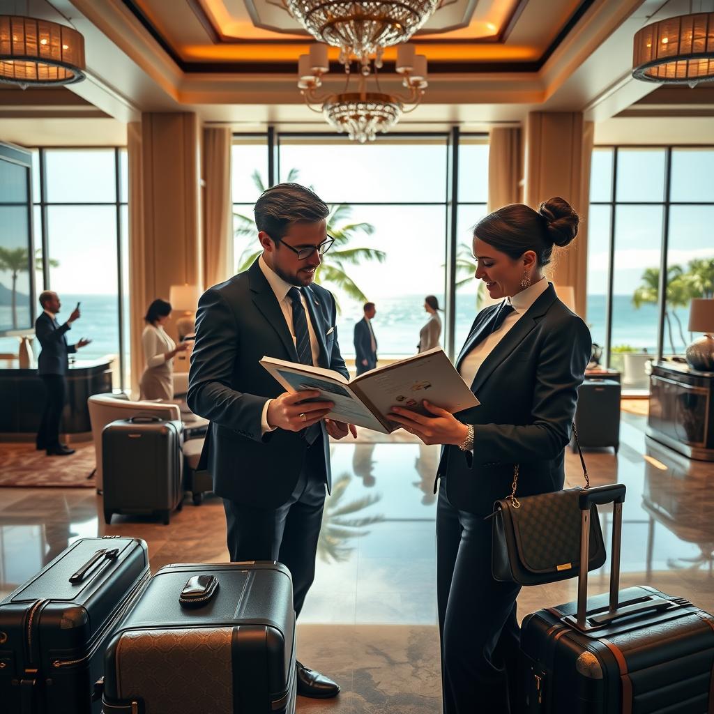 A luxurious travel scene showcasing exclusive travel deals. In the foreground, a sophisticated couple dressed in business attire examines a stylish travel brochure, surrounded by high-end luggage and elegant accessories. In the middle, a lavish hotel lobby is visible, featuring opulent decor, soft lighting, and a concierge assisting guests. The background captures a stunning view of a tropical destination through large glass windows, revealing palm trees and a serene ocean. Soft, warm sunlight filters in, creating an inviting and aspirational atmosphere. The overall mood is elegant and luxurious, reflecting an elite travel experience. The image should be clear, well-composed, and visually rich without any text or branding.