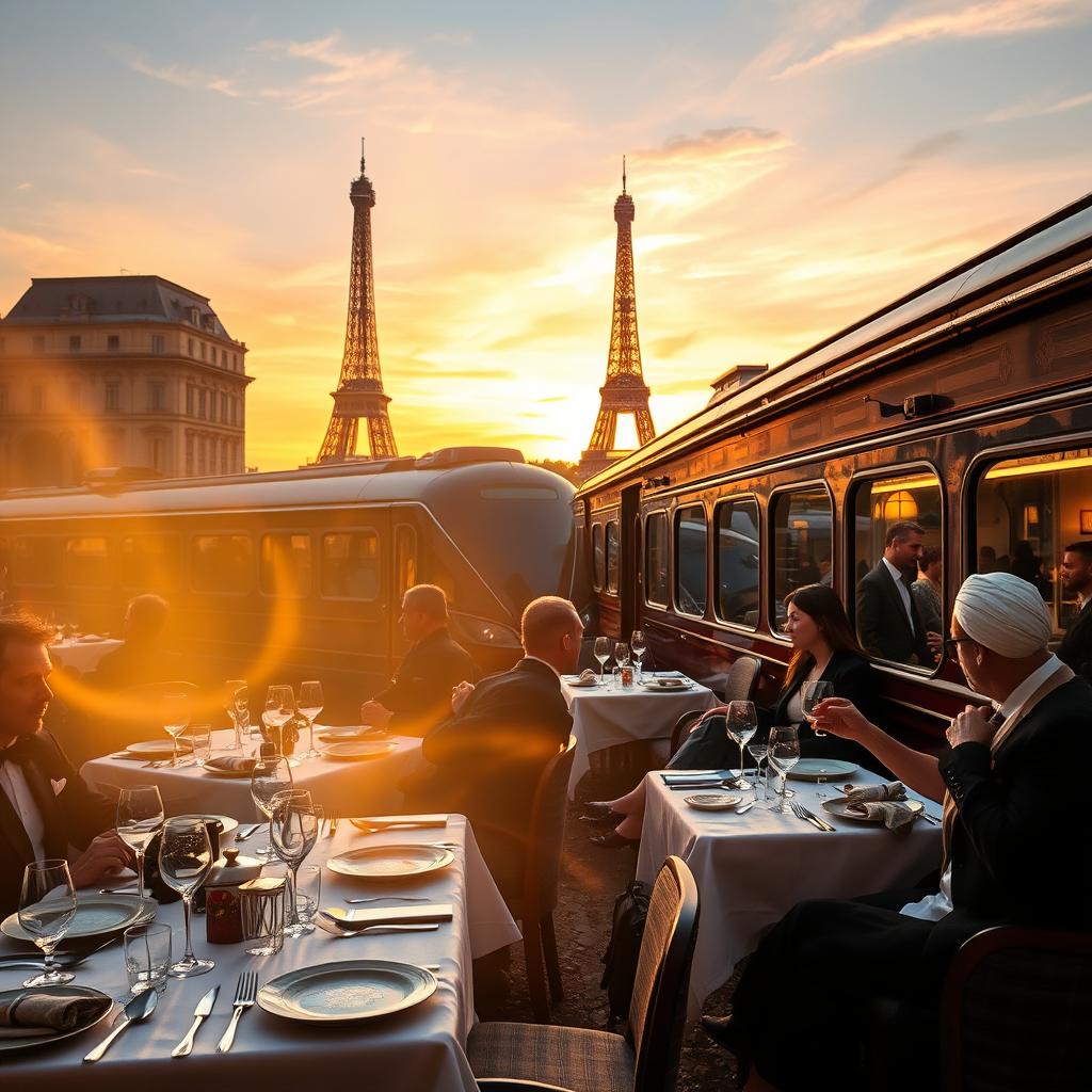 A luxurious travel scene showcasing "prestigious voyages" set against a backdrop of iconic French landmarks. In the foreground, elegantly dressed travelers in formal attire enjoy a tailored dining experience, surrounded by finely set tables with gourmet dishes. The middle ground features a vintage luxury train, symbolizing classic travel elegance, while glimmering golden hour light bathes the scene, creating a warm and inviting atmosphere. In the background, the silhouette of the Eiffel Tower and the Louvre Museum emerges against a vibrant sunset sky, hinting at rich cultural heritage and history. The overall mood is one of refined sophistication, highlighting exclusive cultural travel experiences in France.