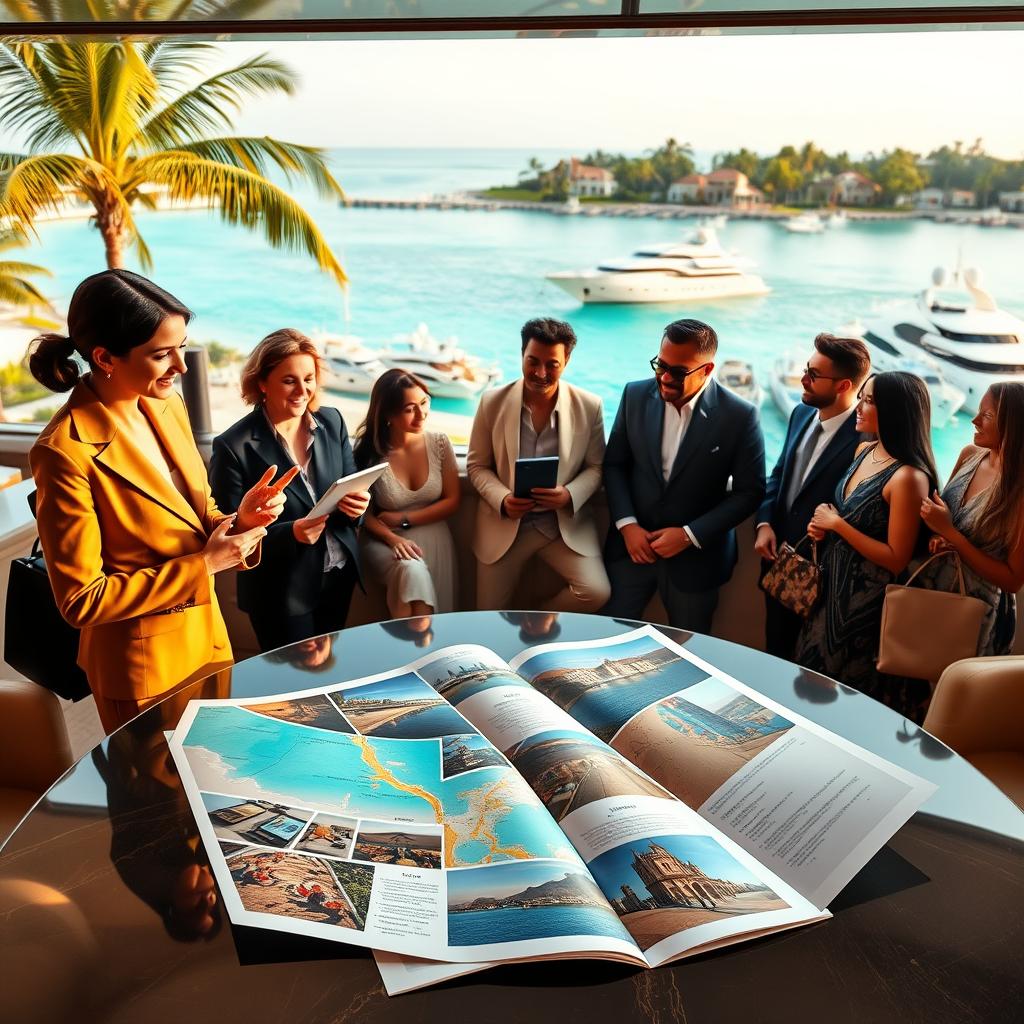 A luxurious travel setting showcasing a high-end travel influencer engaging with an elegant group of diverse travelers. In the foreground, depict the influencer, a woman dressed in sophisticated business attire, sharing her impressive travel insights while holding a sleek tablet. The middle ground includes an opulent travel itinerary spread out on a glossy table, featuring images of exotic destinations, gourmet cuisine, and lavish accommodations. In the background, a stunning view of a tropical resort with clear turquoise waters, palm trees swaying, and luxury yachts anchored nearby. Soft, golden hour lighting bathes the scene, creating a warm and inviting atmosphere. The overall mood is aspirational, emphasizing the allure and exclusivity of luxury travel deals.