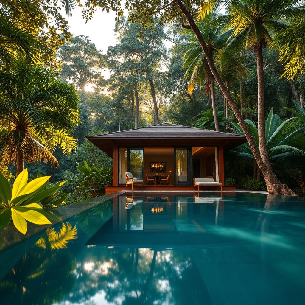 A luxurious tropical rainforest retreat, showcasing a stunning open-air villa nestled among lush, vibrant greenery. In the foreground, a beautifully designed infinity pool reflects the dappled sunlight filtering through the dense canopy. In the middle ground, the villa features large glass walls, wooden accents, and elegant outdoor seating areas with tasteful furnishings. Soft, ambient lighting enhances the serene atmosphere as golden hour approaches, creating a warm and inviting glow. The background reveals towering trees and exotic flora, with hints of colorful tropical flowers and the sound of distant waterfalls. Capture this scene from a low angle to emphasize the grandeur of the surroundings, evoking a sense of tranquility and exclusivity, perfect for illustrating the future of luxury rainforest retreats.