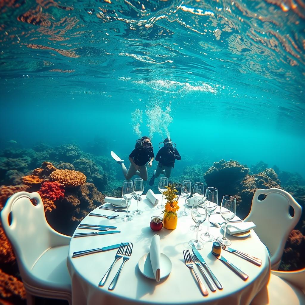 A luxurious underwater dining experience set in a stunning coral reef. In the foreground, a beautifully arranged table adorned with elegant white tablecloth, fine crystal glassware, and silver cutlery, surrounded by lush marine life. In the middle ground, a pair of divers in modest scuba gear explore vibrant coral formations, discovering an array of colorful fish. The background features the shimmering surface of the ocean, with sunlight filtering down, creating mesmerizing light patterns. The scene is bathed in warm, inviting tones, conveying a sense of tranquility and elegance. Shot with a wide-angle lens to capture the expansive underwater environment, showcasing both the gourmet dining setup and the captivating marine scenery. The overall atmosphere is one of luxury and adventure, highlighting the unique blend of gastronomy and ocean exploration.