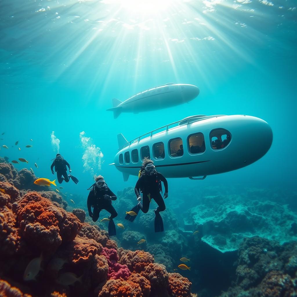 A luxurious underwater scene in La Ciotat, France, showcasing a stunning diving experience. In the foreground, a group of divers in modest, professional diving suits explore vibrant coral reefs teeming with colorful fish. The middle ground features an elegant submarine or luxury underwater vehicle, gracefully gliding through the crystal-clear water, with large windows allowing glimpses of the marine life. The background reveals a sun-drenched sea surface, with rays of sunlight filtering down through the water, illuminating the scene and creating a serene atmosphere. The image captures a sense of adventure and tranquility, highlighting the beauty of the underwater world while emphasizing the prestige of the diving experience in this picturesque French location. Focus on vibrant colors and a clear, crisp perspective, using a wide-angle lens to encompass the expansive underwater scenery.