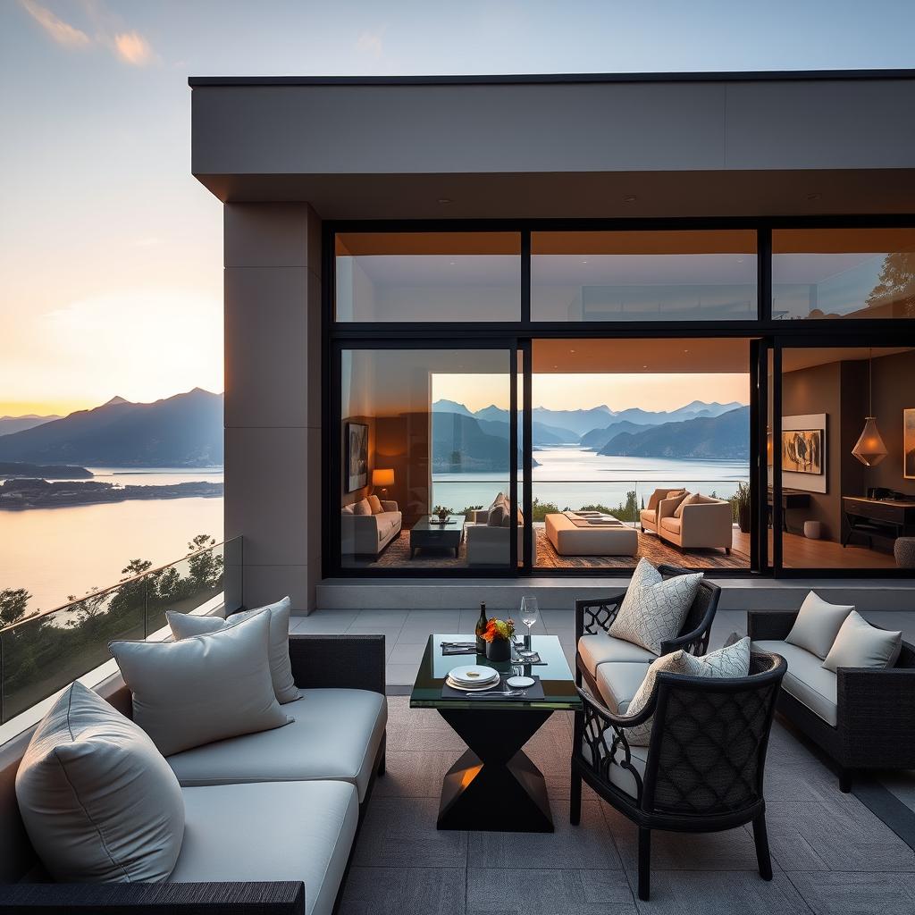 A luxurious upscale accommodation set in an idyllic location. In the foreground, a beautifully arranged outdoor terrace with elegant furniture, featuring plush cushions and a chic dining setup, overlooks a serene landscape. In the middle ground, expansive floor-to-ceiling windows of a stylish suite reveal a refined interior with sophisticated decor, including tasteful art pieces and ambient lighting. The background showcases a breathtaking view of picturesque mountains and a tranquil lake, bathed in the soft glow of a sunset. The scene evokes warmth and tranquility, inviting the viewer to imagine a unique and memorable stay. The overall mood combines elegance and comfort, emphasizing the importance of location in creating a premium experience.