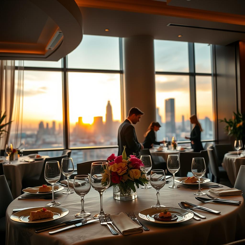 A luxurious urban hotel interior, elegantly designed with modern decor and soft ambient lighting. In the foreground, a lavish dining area featuring a beautifully set table with gourmet food, sophisticated glassware, and a stunning floral centerpiece. The middle ground showcases attentive staff in professional business attire serving guests, conveying a sense of high-end hospitality. In the background, large windows reveal a vibrant city skyline at sunset, casting a warm glow into the space. The mood is intimate and inviting, perfect for unforgettable culinary experiences. Use a wide-angle lens to capture the depth and ambiance of the luxurious setting, ensuring a polished and upscale atmosphere.