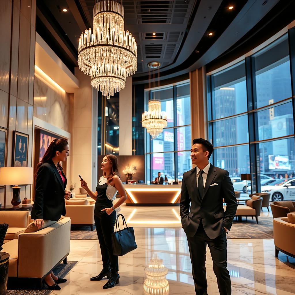 A luxurious urban hotel lobby, showcasing elegant decor with plush sofas and tasteful art pieces. In the foreground, a well-dressed couple in professional business attire, engaged in lively conversation, exuding sophistication. The middle ground features a sleek reception desk with a friendly staff member welcoming guests with a warm smile. Bright, ambient lighting floods the space, highlighting the lavish marble flooring and chic chandeliers, creating an opulent atmosphere. In the background, large windows reveal a vibrant cityscape, with hints of exclusive events happening outside, like a high-end fashion show or a gourmet food festival. The overall mood is upscale and inviting, capturing the essence of a prestigious urban getaway.
