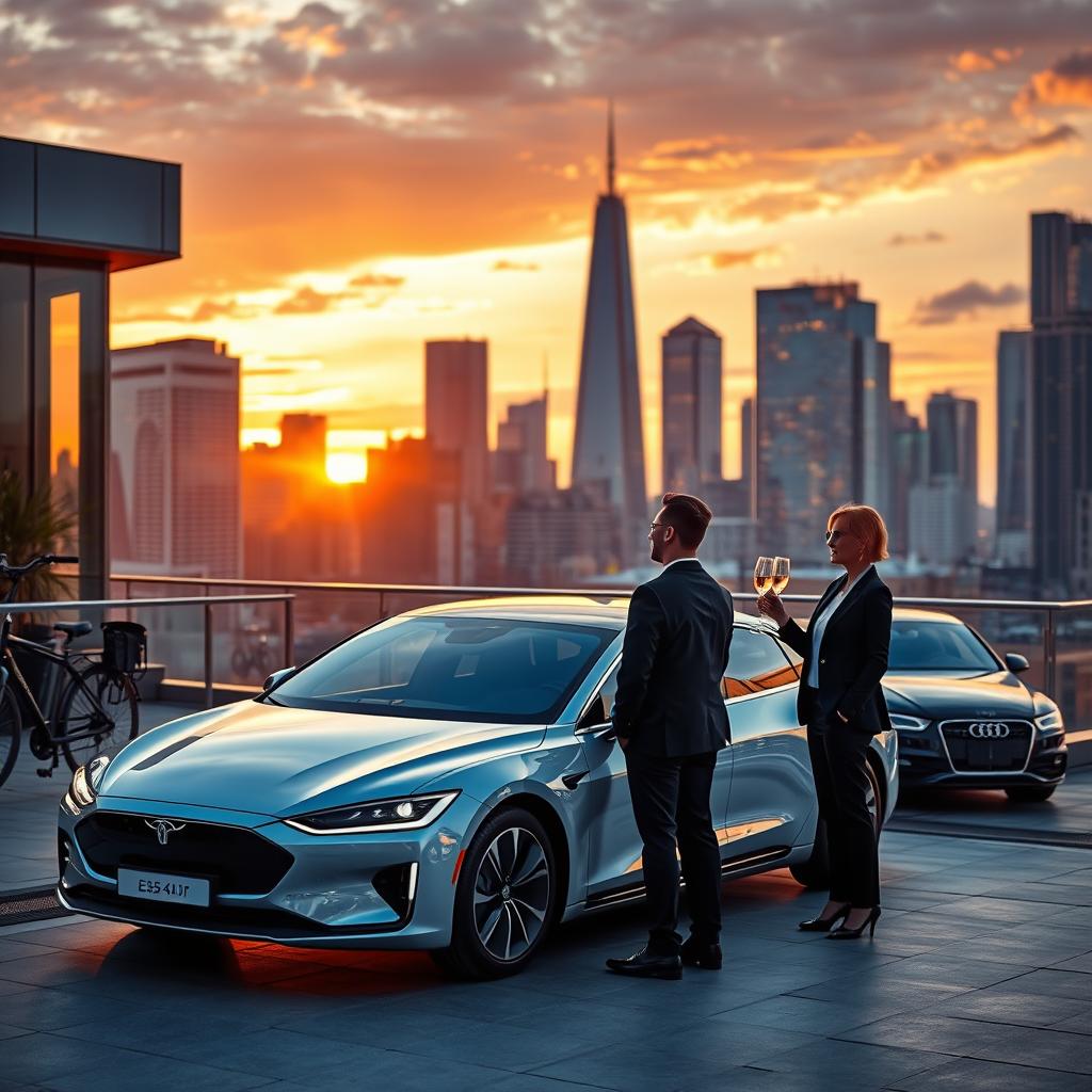 A luxurious urban transportation scene in a modern city, showcasing an elegant electric sedan parked near a sophisticated rooftop lounge. In the foreground, a well-dressed couple in professional attire enjoys a fine glass of champagne, overlooking the city skyline illuminated by the golden hour sunset. The middle ground features sleek, high-end vehicles like a designer bicycle and a chauffeur-driven luxury car, adding to the opulent atmosphere. In the background, skyscrapers with stunning architecture reflect the warm colors of the sky, creating a captivating urban vista. Soft, ambient lighting enhances the inviting mood, emphasizing exclusivity and sophistication in this luxurious urban escape. The image should be vibrant and polished, reflecting the essence of high-end urban travel.