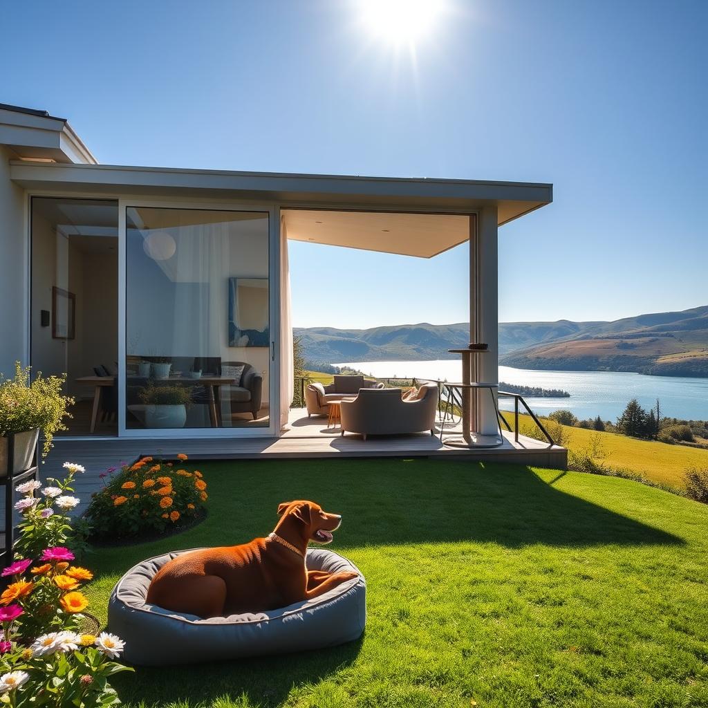 A luxurious vacation home designed for pets, nestled in a scenic countryside setting in France. The foreground features a beautifully landscaped garden with colorful flowers and a cozy dog bed next to a stylish cat tree. In the middle ground, the contemporary vacation rental boasts large windows allowing ample natural light to pour in, showcasing elegant interiors with plush furnishings and pet accessories. The background reveals rolling hills and a sparkling lake under a vibrant blue sky, creating a serene atmosphere. The scene is illuminated by warm, soft sunlight, enhancing the inviting feel of the space. Capture this image from a slightly elevated angle to showcase both the pet-friendly amenities and the picturesque landscape, embodying luxury and comfort for discerning pet owners.