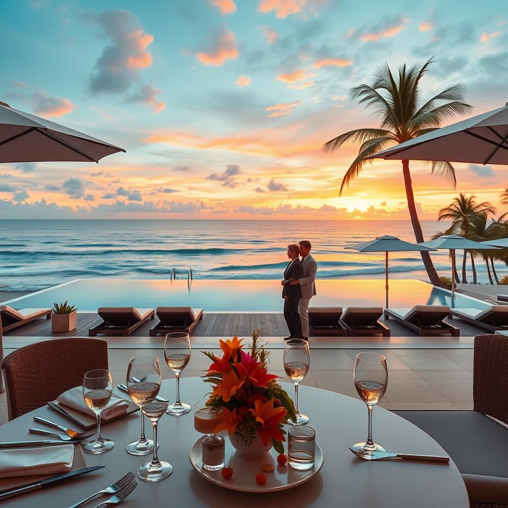 A luxurious vacation package scene showcasing an elegant beachfront resort. In the foreground, a beautifully set table with gourmet dining options, sparkling glasses, and tropical floral arrangements. The middle section features a serene infinity pool overlooking the ocean, with comfortable loungers and stylish sun umbrellas; a couple in professional casual attire enjoying a relaxing moment. In the background, vibrant sunset hues cast a warm glow on a palm-lined beach, while soft waves lap gently at the shore. The atmosphere is one of tranquility and opulence, perfectly encapsulating a luxurious getaway. Use soft, warm lighting to create an inviting mood, shot with a wide-angle perspective to capture the expansive beauty of the resort setting.