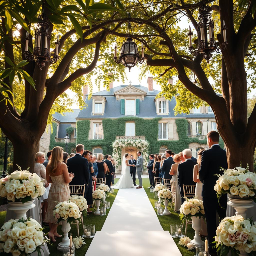 A luxurious wedding ceremony set in a beautifully manicured garden in France. In the foreground, an elegantly adorned altar featuring white and soft pink flowers, surrounded by lavish floral arrangements. The middle ground showcases well-dressed guests in sophisticated attire, enjoying the event, while a beautifully dressed couple exchanges vows. The background reveals a stunning chateau, with ivy climbing its walls and vintage chandeliers hanging from the outdoor trees. Soft, golden sunlight filters through the leaves, creating a warm and romantic atmosphere. The scene is captured from a slightly elevated angle, with a wide lens to include the grandeur of the venue and lush surroundings, evoking a feeling of elegance and celebration.
