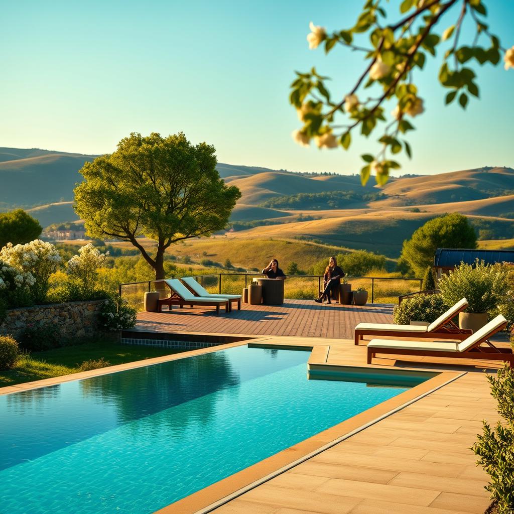 A luxurious wellness hotel set in the serene countryside of France, featuring a peaceful outdoor spa area surrounded by lush greenery and blooming flowers. In the foreground, a tasteful infinity pool reflects the clear blue sky, with elegant sun loungers placed nearby. The middle ground showcases a beautiful wooden deck with guests in professional casual attire, enjoying rejuvenating treatments and nature. The background reveals rolling hills bathed in soft golden sunlight, creating a tranquil atmosphere. The scene is lit with warm, soft lighting to evoke a sense of relaxation and indulgence. Shot from a slightly elevated angle to capture the expanse of the retreat, focusing on the harmonious blend of nature and luxury wellness.