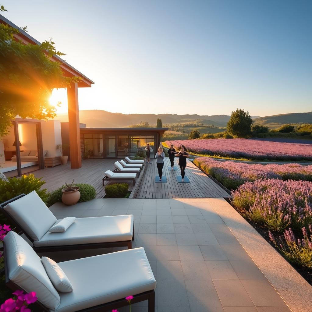 A luxurious wellness retreat set in the tranquil French countryside. In the foreground, a serene outdoor spa area featuring plush lounge chairs, surrounded by lush greenery and vibrant flowers. The middle ground showcases an elegant, modern wellness center with large glass windows reflecting the soft golden light of a late afternoon sun. Guests in professional casual attire are engage in yoga and meditation on a wooden deck, embodying relaxation and rejuvenation. The background displays rolling hills and soft lavender fields under a clear blue sky, enhancing the peaceful atmosphere. Soft, warm lighting creates an inviting and serene mood, perfect for selecting the ideal retreat. Use a wide-angle lens to capture the expansive beauty of the setting.