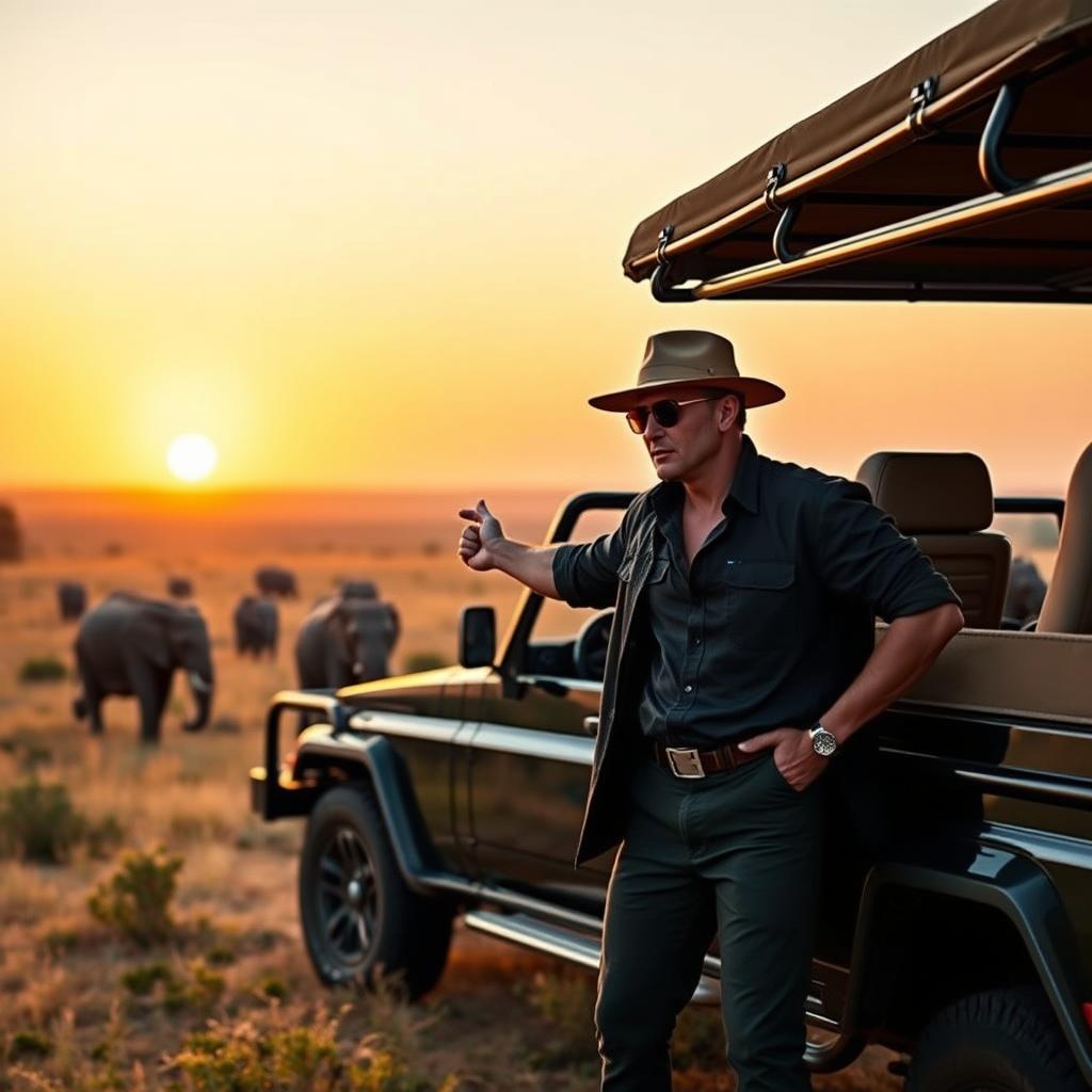 A luxurious wildlife safari scene showcasing a vibrant African landscape. In the foreground, a stylish safari guide in modest casual attire stands beside a sleek open-top jeep, pointing toward a majestic herd of elephants in the middle ground. The elephants, gracefully roaming, embody the thrill of close wildlife encounters. In the background, an expansive savanna stretches under a golden sunset, casting warm, soft light across the scene. Twinkling stars begin to emerge in the twilight sky, enhancing the enchanting atmosphere. The overall mood is adventurous yet serene, inviting viewers to imagine the unforgettable experiences of luxury safaris immersed in nature. The image is captured with a shallow depth of field, emphasizing the guide and elephants, while ensuring the landscape remains beautifully rich and detailed.