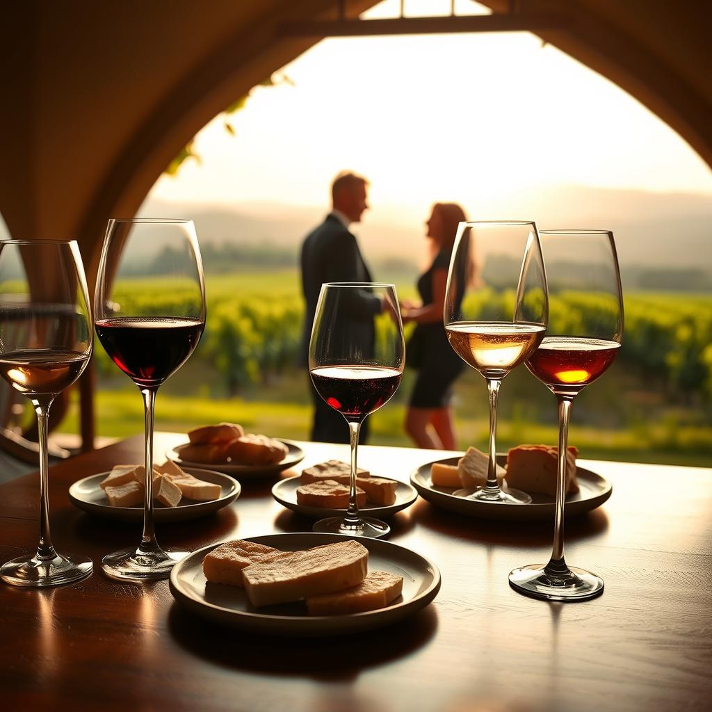 A luxurious wine tasting scene set in an elegant, softly lit French vineyard. In the foreground, a polished wooden table adorned with fine crystal wine glasses filled with rich red and golden white wines, showcasing their stunning colors. Artfully arranged gourmet cheese plates and fresh bread complement the selection. The middle ground features a couple of guests dressed in smart casual attire, engaged in conversation, savoring the ambiance and flavors of the experience. In the background, lush green vineyards stretch under a hazy sunset, with soft, warm lighting casting a golden glow on the landscape. The atmosphere exudes sophistication and indulgence, inviting the viewer to immerse themselves in the world of luxury wine and spirits tasting.