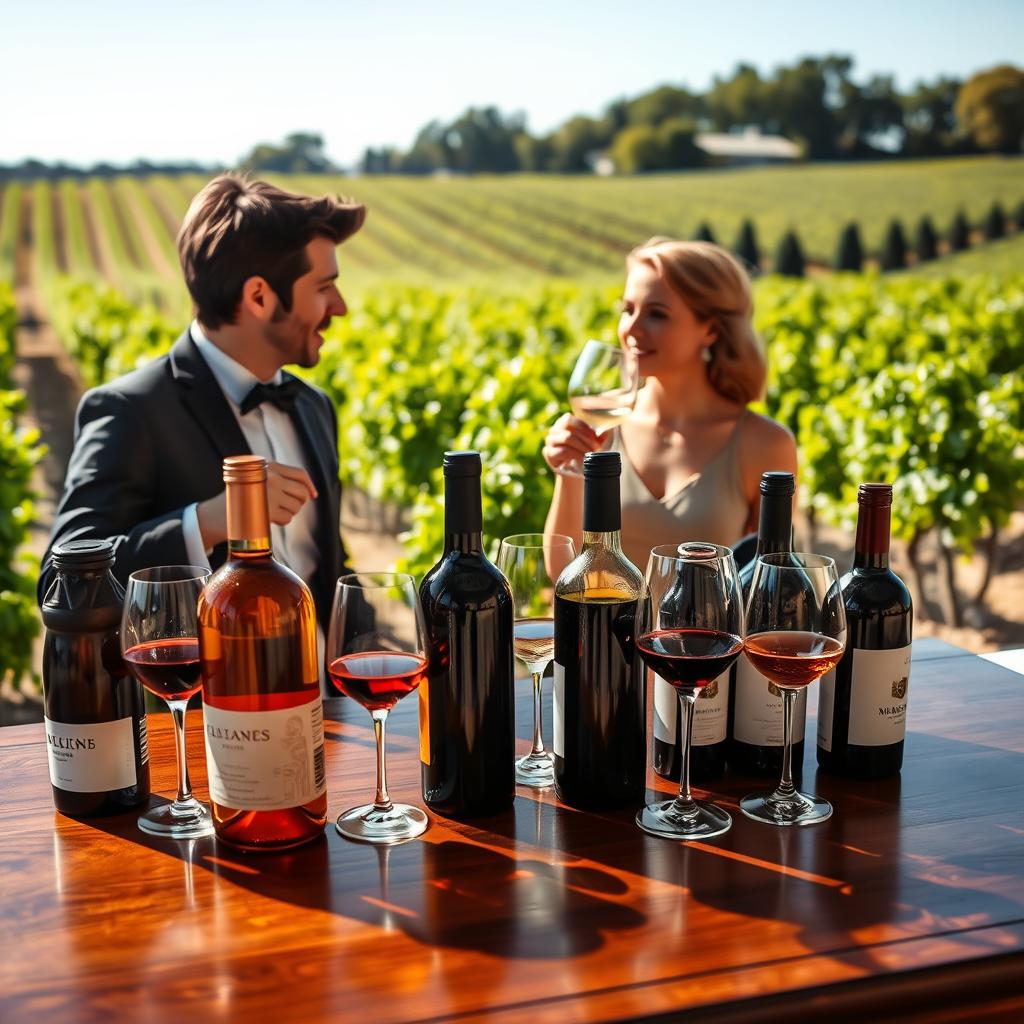 A luxurious wine-tasting scene set in an elegant vineyard in France. In the foreground, a polished wooden tasting table displays an exquisite array of high-end wine bottles and crystal glasses filled with deep red and golden white wines. The middle ground features two elegantly dressed individuals, a man in a tailored suit and a woman in a chic dress, savoring the aromas, their expressions reflecting appreciation and joy. In the background, lush green vines stretch out under a bright, sunny sky, and soft, golden light casts a warm glow over the scene, creating an inviting atmosphere. This composition, captured from a slightly elevated angle, highlights the sophistication and enjoyment of a luxury wine-tasting tour.