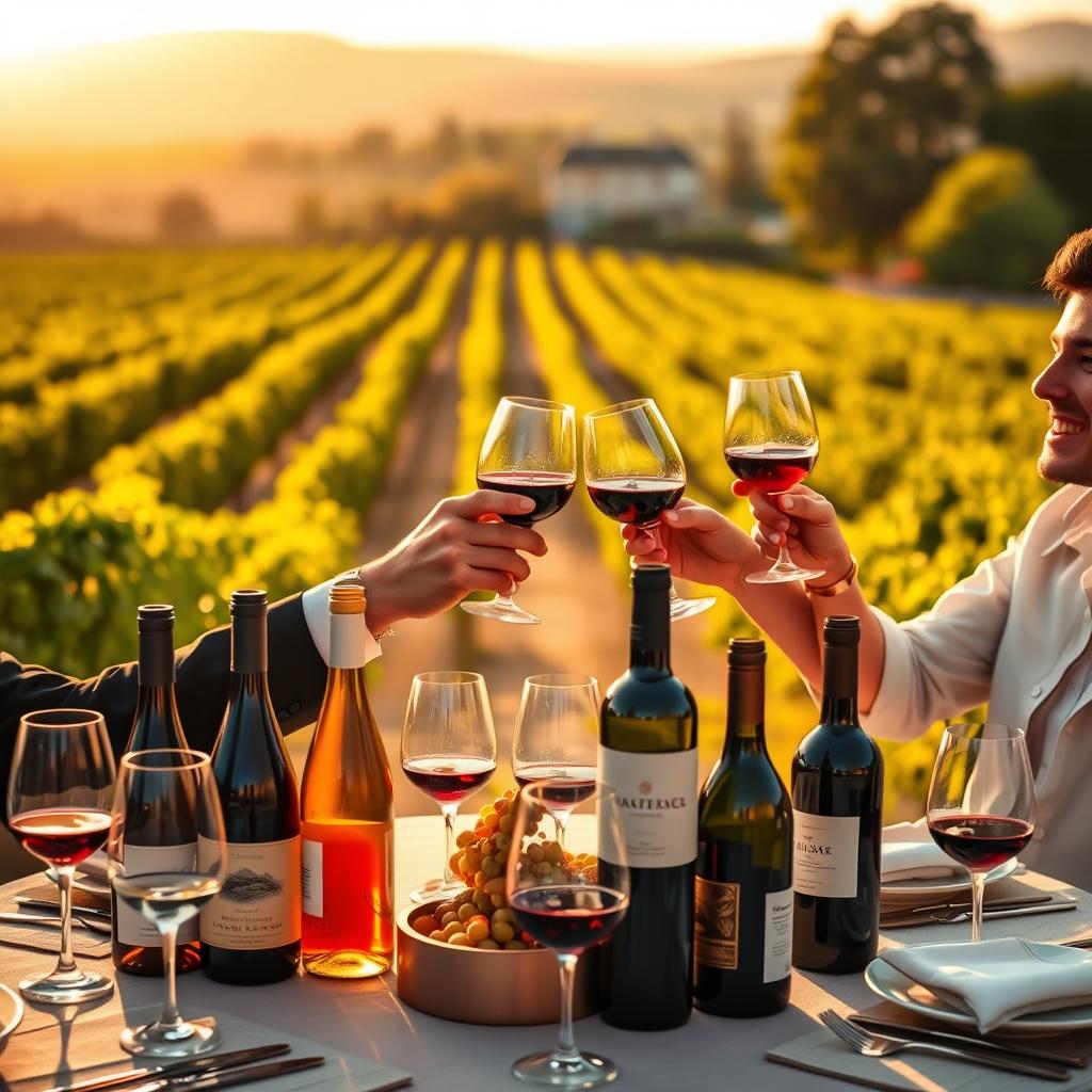 A luxurious wine-tasting tour setup featuring elegantly arranged glassware and bottles of fine wine on a beautifully set table. In the foreground, a couple in smart casual attire is toasting with wine glasses, their joyful expressions capturing the essence of celebration and sophistication. The middle ground showcases an exquisite vineyard with rows of vines, ripe grapes glistening under soft golden sunlight. In the background, a distant chateau adds a touch of opulence, partially obscured by gentle hills. The warm, inviting lighting creates a romantic atmosphere, enhancing the colors of the wines and the lush greenery. Use a shallow depth of field to bring focus to the tasting experience while softly blurring the vineyard and chateau behind, evoking a sense of tranquility and luxury.