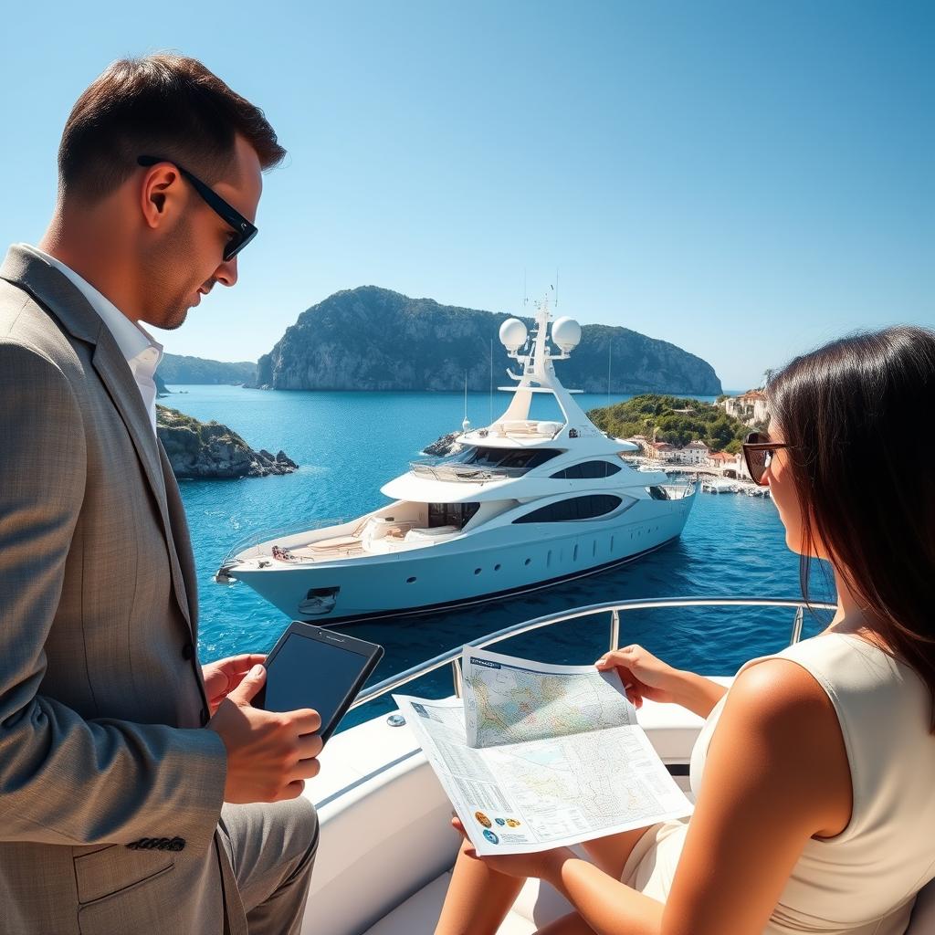 A luxurious yacht anchored in a serene Mediterranean harbor, surrounded by vibrant blue waters and picturesque coastal cliffs. In the foreground, a well-dressed couple, dressed in elegant yet modest attire, is reviewing a detailed travel itinerary on a sleek tablet, surrounded by travel accessories like maps and luxury sunglasses. The middle ground features the yacht, showcasing its opulent design with plush seating and sun loungers. In the background, glimpse quaint French seaside towns under a clear blue sky, with soft sunlight illuminating the scene, creating an atmosphere of exclusivity and tranquility. Capture this moment from a slightly elevated angle to emphasize the grandeur of the yacht while maintaining a focus on the couple's engaged planning.