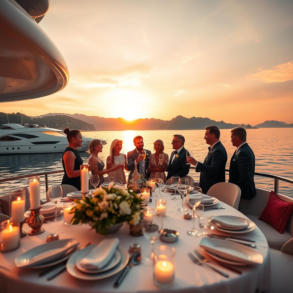 A luxurious yacht anchored in a serene bay at sunset, with soft golden light reflecting off the calm water. In the foreground, a beautifully set dining table adorned with elegant dishware and flickering candles, ready for a special event. In the middle, a group of elegantly dressed guests enjoying a toast, their expressions joyful and relaxed, engaged in light conversation. The background features a stunning coastline with lush greenery, with a hint of distant mountains under a pastel sky. The composition is warm and inviting, evoking a sense of celebration and exclusivity. Use a wide-angle lens to capture the entire scene with a soft focus on the guests, enhancing the vibrant sunset colors and the luxurious ambiance of the yacht setting.