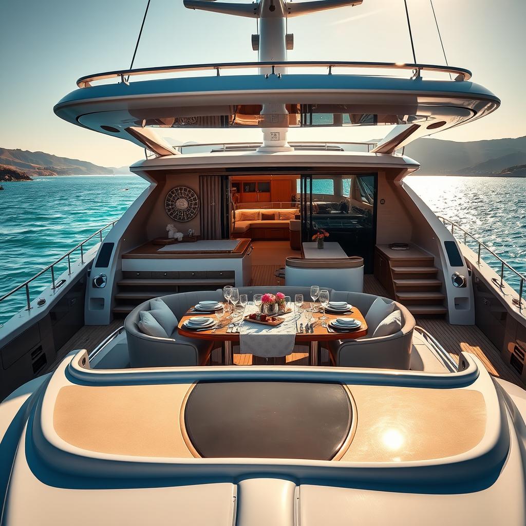 A luxurious yacht anchored in a serene bay in France, showcasing its sleek design and impressive features. In the foreground, the yacht's polished deck gleams under bright sunlight, with an elegant dining area set up for an exclusive meal. Rich, warm wood and plush seating create an inviting atmosphere. In the middle, the yacht's spacious cabin is visible through large windows, revealing an interior adorned with sumptuous fabrics and tasteful decor. The background features a stunning coastal landscape of rolling hills and sparkling turquoise waters, with gentle waves lapping at the hull. The scene is illuminated by soft, golden hour lighting, giving a warm and inviting mood. The composition captures the essence of upscale yacht life, perfect for discerning vacationers seeking luxury.