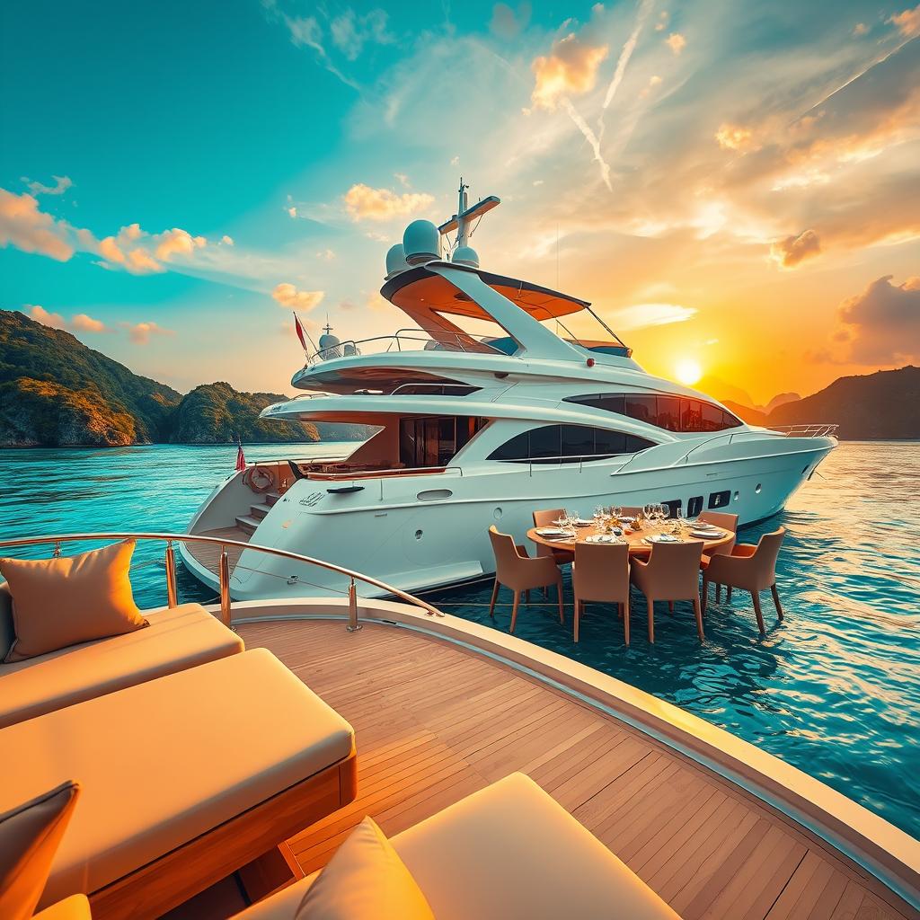 A luxurious yacht anchored in crystal-clear turquoise waters, surrounded by a stunning panorama of lush green islands. In the foreground, a polished wooden deck adorned with elegant lounge chairs and plush cushions invites relaxation. A gourmet dining setup featuring a beautifully arranged table with fine china and sparkling glassware reflects sophistication. In the middle ground, the yacht's sleek profile showcases modern design elements and large windows that allow glimpses into a tastefully decorated interior. The background features a vibrant sunset casting golden hues across the sky, creating a warm and inviting atmosphere. Soft, ambient lighting enhances the serene mood, while a gentle breeze ripples the water's surface. Capture this scene from a slightly elevated angle, showcasing the yacht's grandeur against the breathtaking natural landscape.