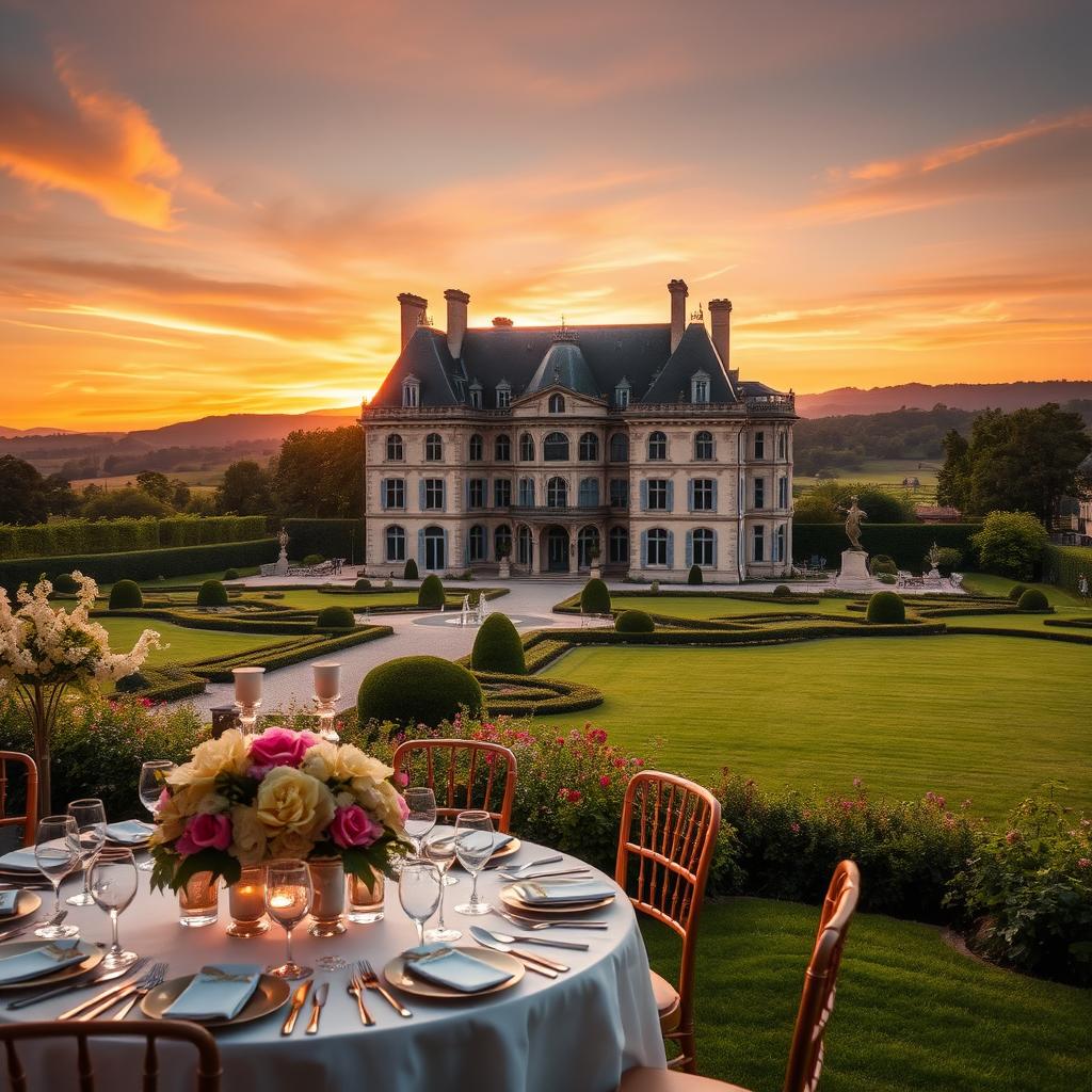 A majestic French château surrounded by lush gardens, elegantly set for a luxury event. In the foreground, a beautifully decorated table with fine china and floral arrangements, suggesting an upscale gathering. The middle ground features the grand façade of the château, with its intricate architecture, large windows, and a hint of opulent décor. In the background, rolling hills and manicured lawns blend into a vibrant sunset, casting warm golden and pastel hues across the scene. Soft, ambient lighting enhances the enchanting atmosphere, evoking a sense of refinement and elegance. The image captures a serene and sophisticated mood, ideal for representing prestigious event venues in France.