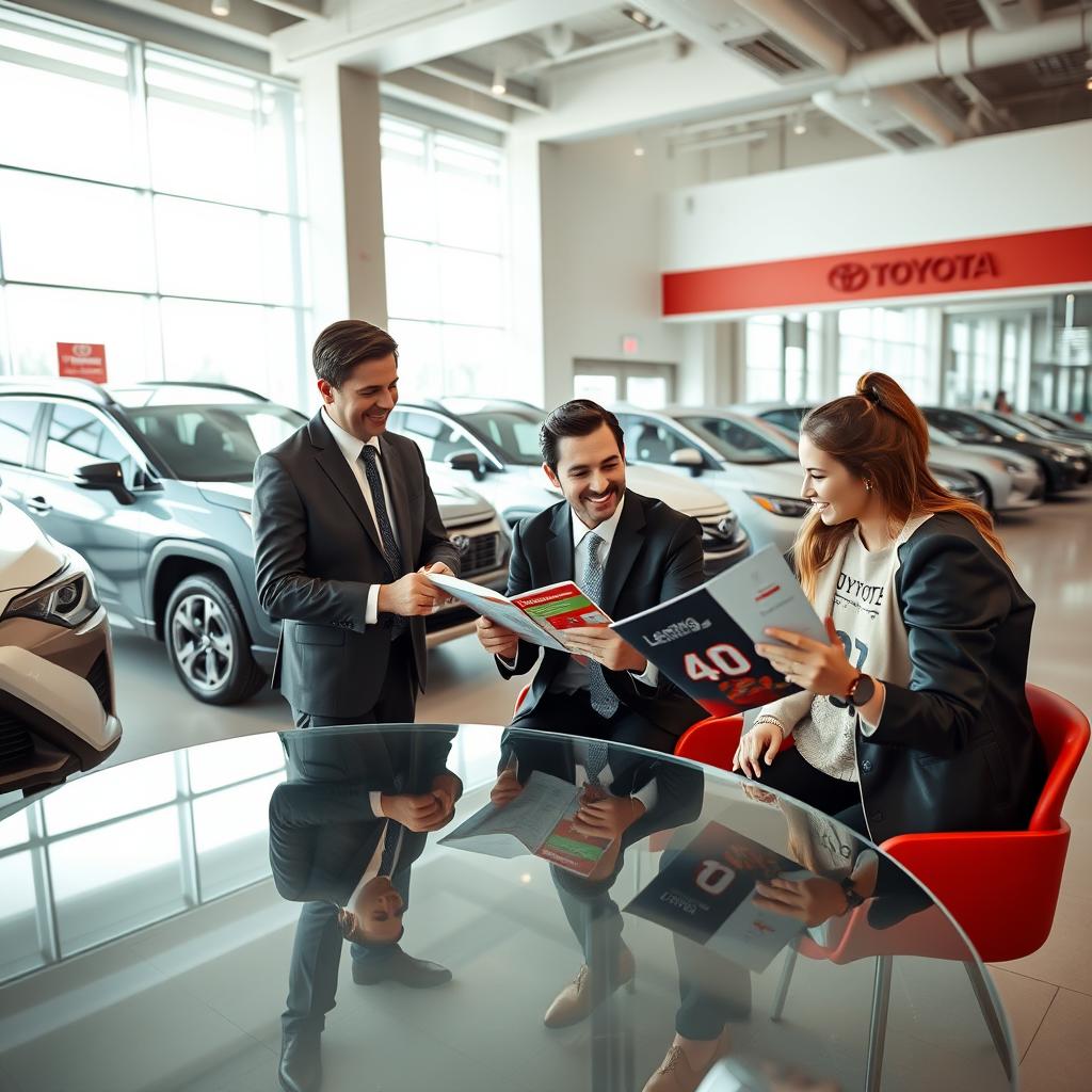 A modern Toyota dealership interior, showcasing a vibrant and inviting atmosphere. In the foreground, a friendly sales consultant in professional business attire discusses leasing options with a young couple seated at a sleek glass table. The couple appears engaged and interested, flipping through a brochure labeled "Toyota Leasing Solutions." In the middle ground, polished Toyota vehicles are on display, highlighting both SUVs and sedans, each with a gleaming showroom shine. The background features a large window allowing natural light to flood in, enhancing the welcoming mood. Soft, ambient lighting accentuates the clean lines and contemporary design of the dealership. The overall ambiance conveys a sense of professionalism and customer-focused service, creating an inviting environment for potential customers exploring financing options.