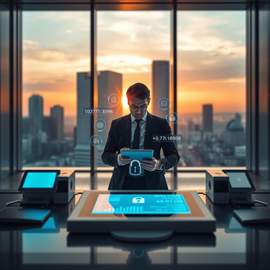 A modern digital banking scene focusing on security, featuring a sleek, futuristic bank office as the foreground. In the center, a professional businessperson in smart attire is actively engaging with a secure digital tablet displaying financial data, emphasizing data protection. The middle ground showcases advanced security features, such as biometric scanners and encrypted data visualization graphics. In the background, large windows reveal a vibrant cityscape with a sunset casting a warm glow, symbolizing trust and innovation. Soft, ambient lighting enhances the atmosphere, creating a sense of confidence and security. The overall composition conveys a cutting-edge financial environment that prioritizes fund and data safety, reflecting the essence of a neobank like Revolut.
