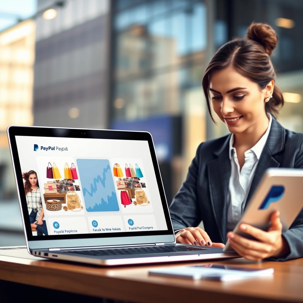 A modern e-commerce scene showcasing PayPal integration. In the foreground, a well-dressed business professional, a woman in a smart blazer, is focused on her laptop, analyzing sales graphs and online transactions. In the middle ground, an array of vibrant products displayed on a stylish digital storefront, with clear icons indicating PayPal payment options. The background features a blurred urban environment, symbolizing a bustling online marketplace. Soft, natural lighting creates an inviting atmosphere, while a slight depth of field draws attention to the user interface on the laptop screen. The overall mood is optimistic and professional, reflecting the ease and efficiency of using PayPal for online payments in e-commerce. A modern e-commerce scene showcasing PayPal integration. In the foreground, a well-dressed business professional, a woman in a smart blazer, is focused on her laptop, analyzing sales graphs and online transactions. In the middle ground, an array of vibrant products displayed on a stylish digital storefront, with clear icons indicating PayPal payment options. The background features a blurred urban environment, symbolizing a bustling online marketplace. Soft, natural lighting creates an inviting atmosphere, while a slight depth of field draws attention to the user interface on the laptop screen. The overall mood is optimistic and professional, reflecting the ease and efficiency of using PayPal for online payments in e-commerce.