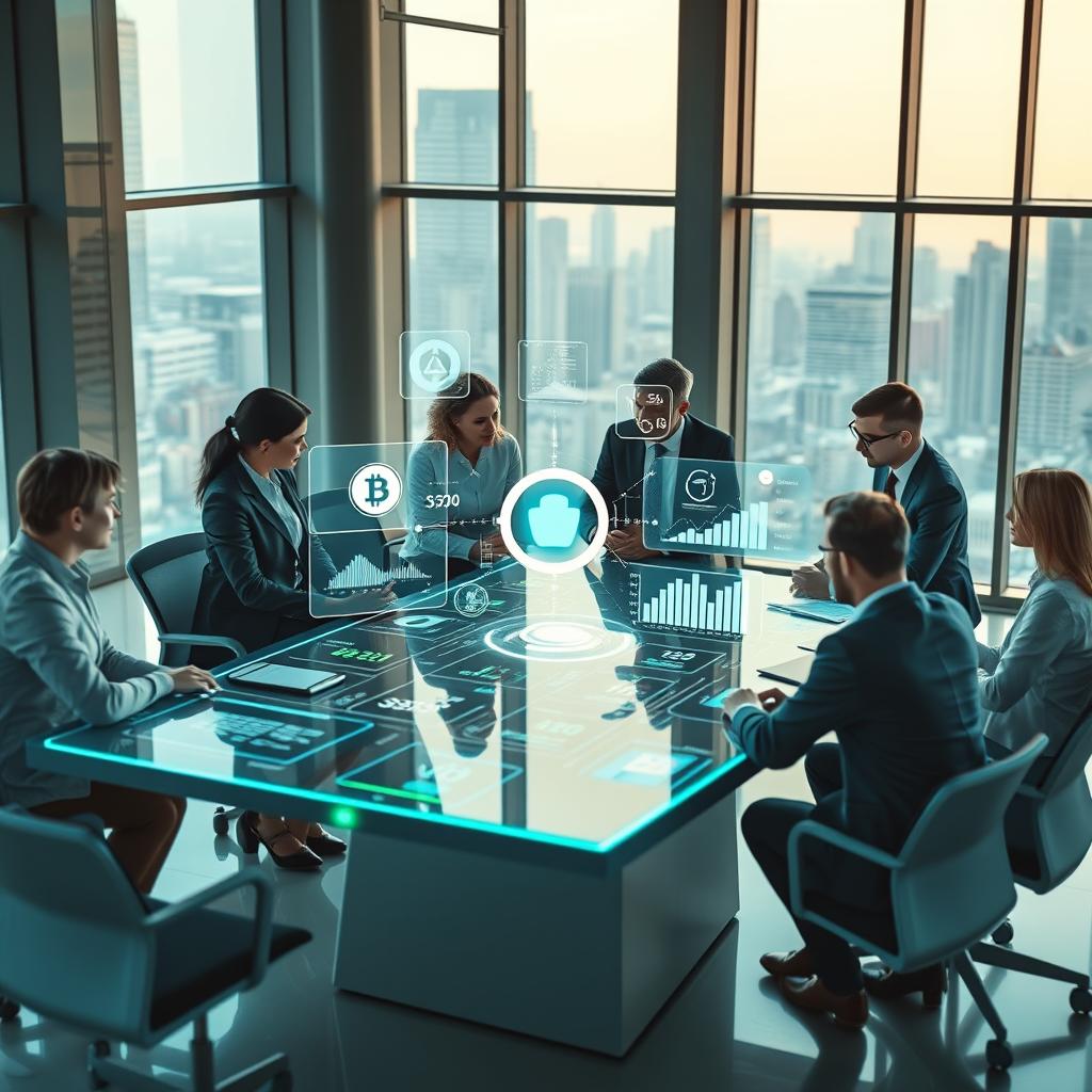 A modern fintech innovation concept depicting a sleek, open-plan office environment. In the foreground, a diverse group of professionals in business attire is engaged in a brainstorming session around a high-tech table with digital screens displaying financial data and charts. In the middle, interactive holograms are projected, showing trends like cryptocurrencies and AI-driven analytics, embodying the current financial management landscape. The background features large windows with a city skyline view, illuminated by soft natural light, creating an inspiring atmosphere. The overall mood is dynamic and forward-thinking, with a color palette of blues and greens to suggest a sense of innovation and trust. The camera angle is slightly elevated, capturing both the collaborative interaction and the futuristic elements of the office.