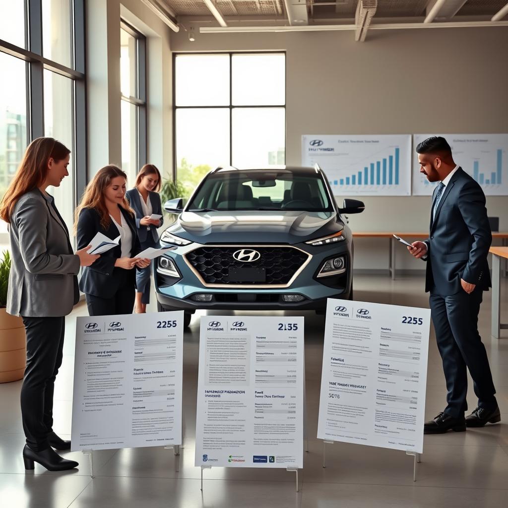 A modern, professional office environment showcasing various Hyundai financing options. In the foreground, a diverse group of three professionals in business attire, discussing financial documents and brochures related to Hyundai financing. The middle layer features a sleek Hyundai vehicle prominently displayed, annotated with key financing information. Soft natural light streams through large windows, creating a warm, inviting atmosphere. The background reveals a stylish office space with financial charts and graphs printed on a wall, emphasizing the theme of comparison in financing options. The overall mood is collaborative and informative, highlighting the significance of Hyundai's financing solutions in a clear and engaging way.