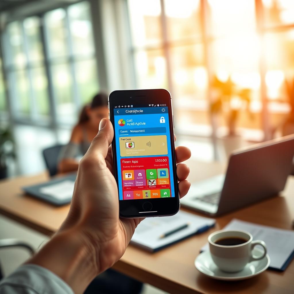 A modern, sleek smartphone displaying the Crédit Agricole online banking app interface, showcasing features like card management and account details. The foreground includes a hand holding the smartphone, with a focus on the app's vibrant colors and intuitive design. In the middle, a well-organized workspace with a laptop, financial documents, and a cup of coffee, indicating a professional atmosphere conducive to online banking activities. The background is softly blurred, featuring a bright, contemporary office space with large windows letting in natural light, creating a warm and inviting mood. The overall atmosphere should convey efficiency and modernity, emphasizing the convenience of managing banking services online.