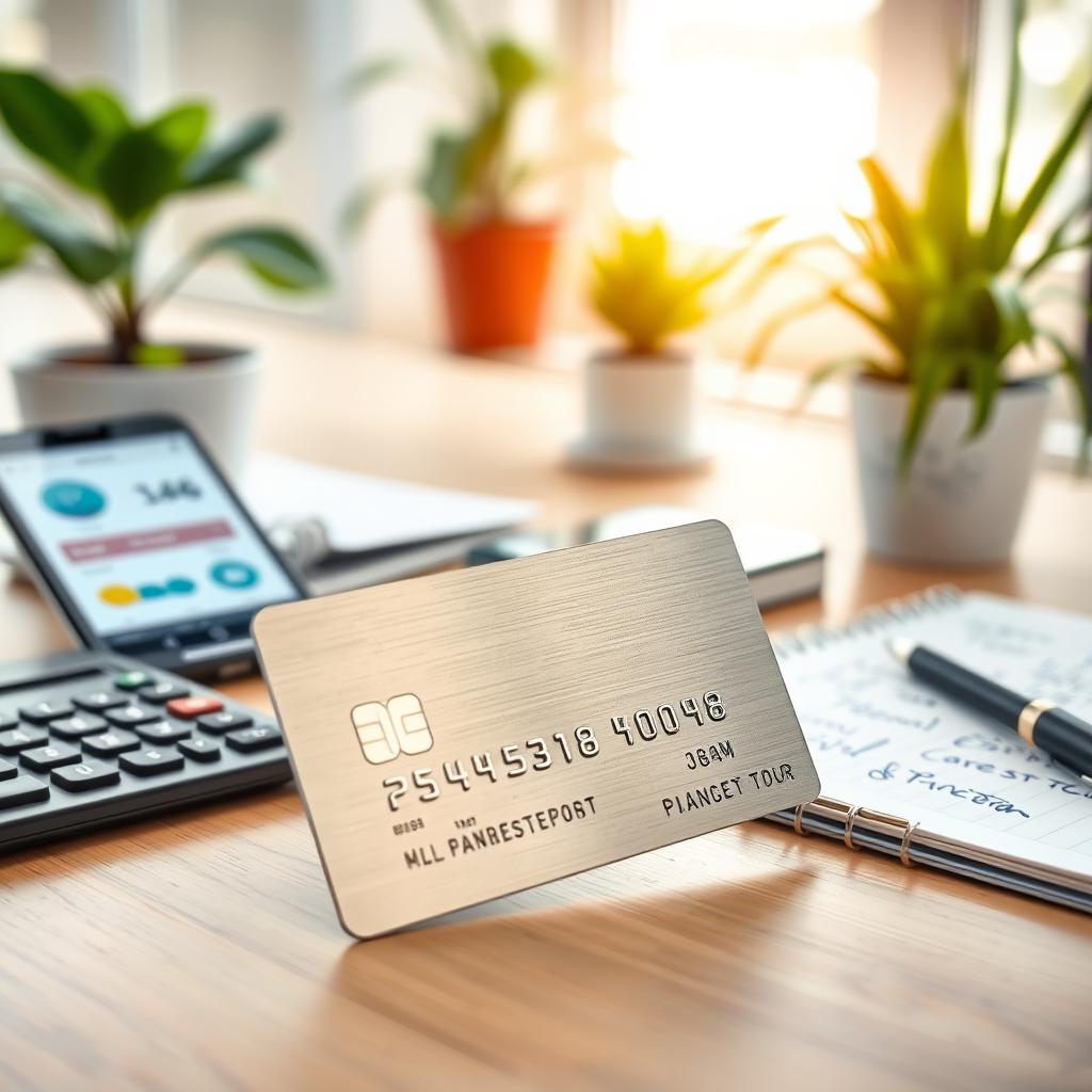 A modern, stylish renewable credit card presented prominently in the foreground, showcasing its sleek design, metallic sheen, and embossed numbers. Surround the card with items that suggest financial management, like a calculator, a smartphone displaying budgeting apps, and a notepad with handwritten financial notes. In the background, softly blurred office ambiance with potted plants and a window letting in natural light to create a warm, inviting atmosphere. The scene is captured from a slightly elevated angle, evoking a sense of perspective and organization. Ensure the lighting is bright yet soft, emphasizing the financial theme with a professional and optimistic mood.
