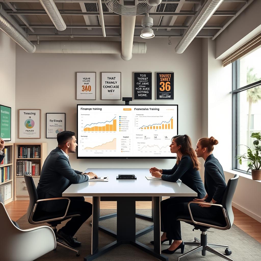 A modern training room focused on financial education. In the foreground, a diverse group of four professionals – two men and two women – engaged in a discussion around a sleek conference table, dressed in smart business attire. In the middle, a large interactive screen displays graphs and financial data related to ongoing training programs. The background features shelves filled with books on finance, motivational posters, and a large window letting in natural light, creating a warm and inviting atmosphere. The overall mood is one of energetic collaboration and professional growth, captured with soft, diffused lighting to emphasize a welcoming environment. The angle of the shot is slightly elevated, providing a clear view of the interaction and the training materials.